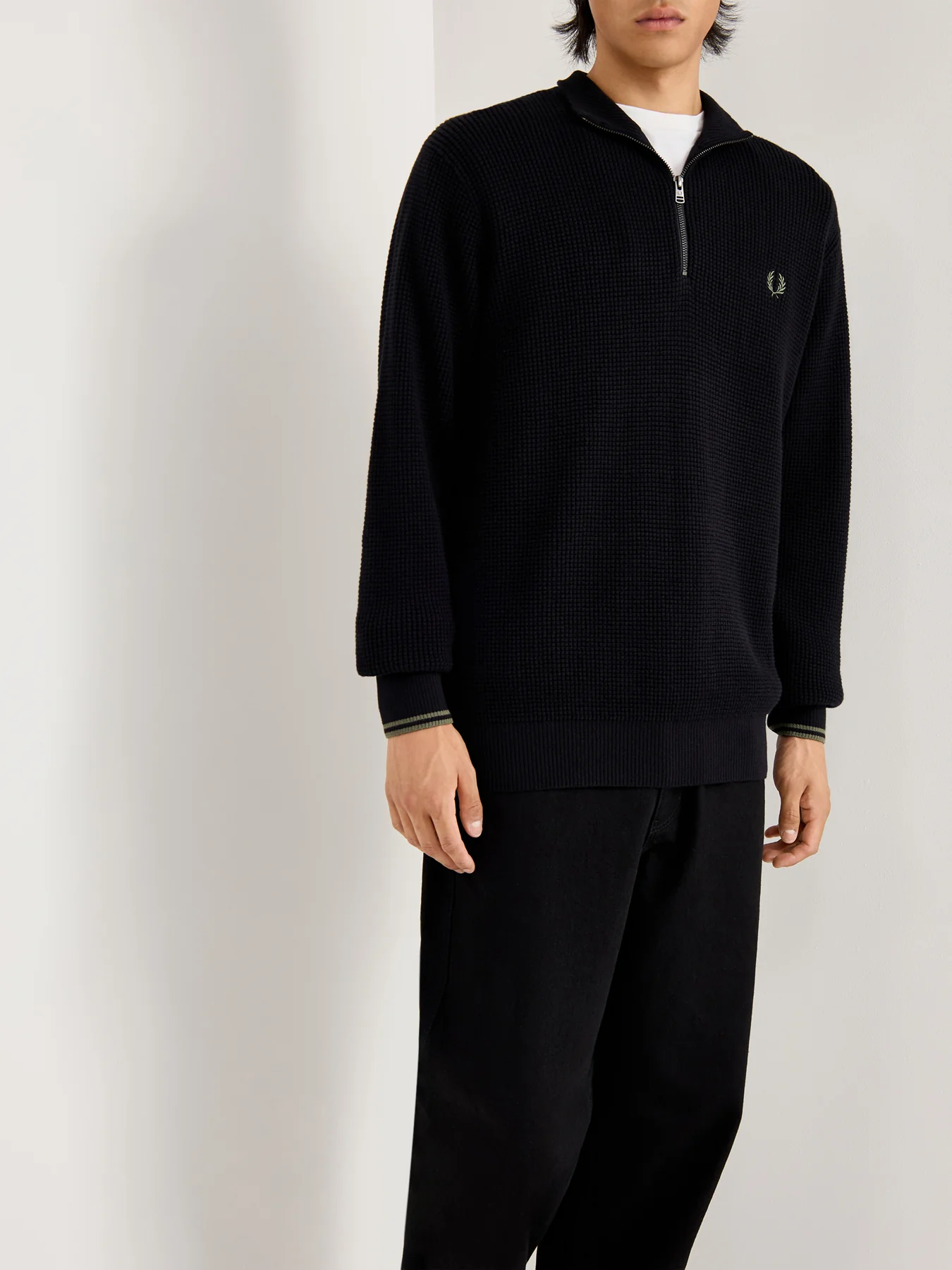 Waffle Stitch Half Zip Jumper Black - Image 4