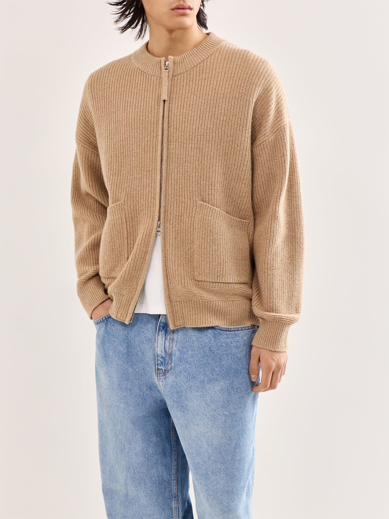 Wool Deck Zip-Up Cardigan Beige - Image 4