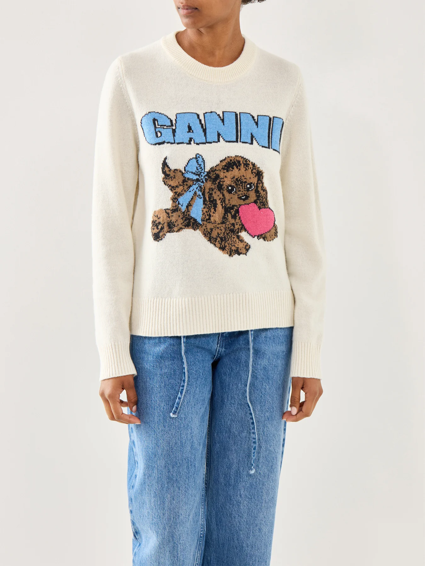 Graphic Wool Mix Fluffy Puppy Love Crewneck White - Image 4