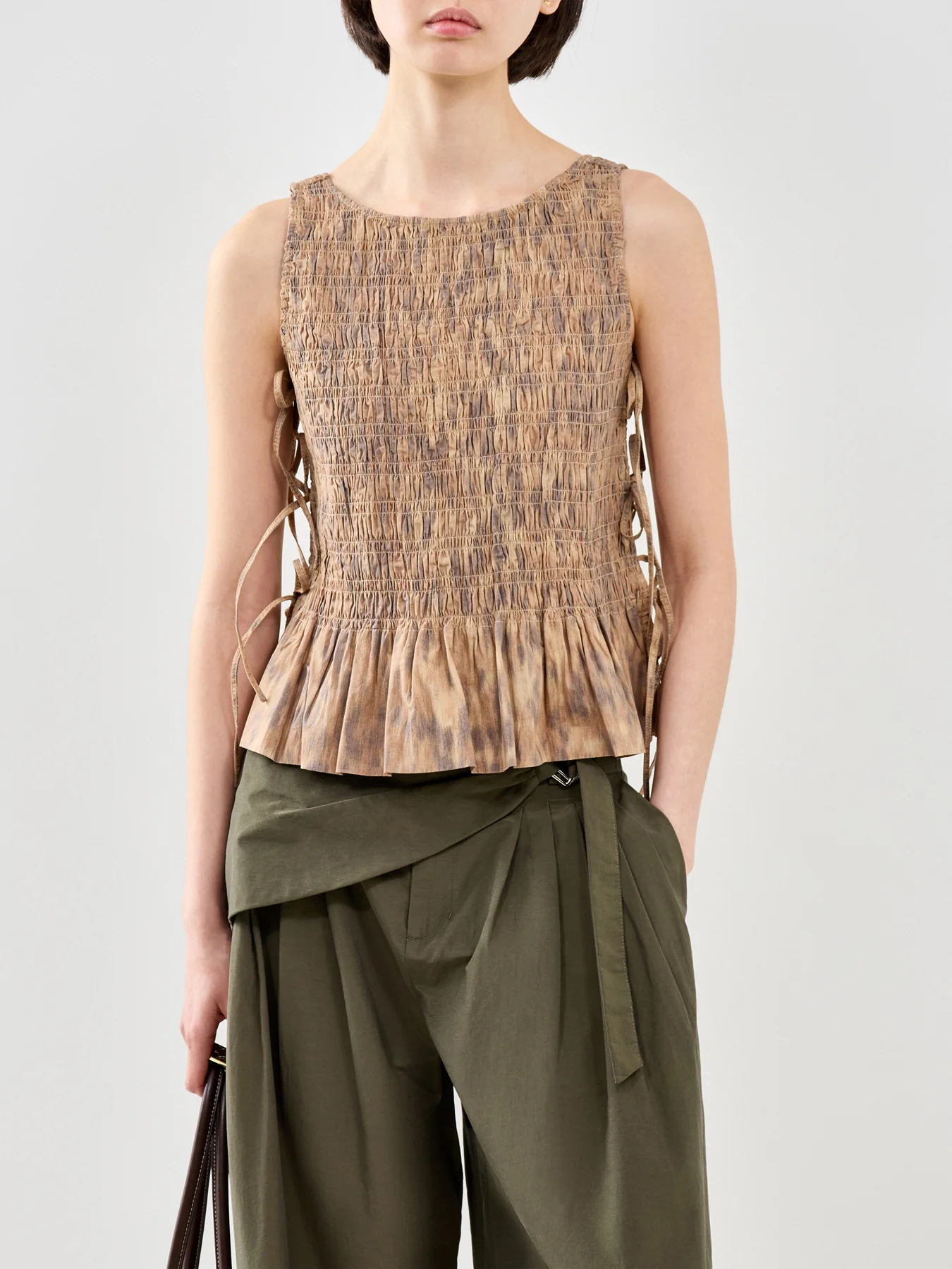 Printed Stretch Cotton Smocked Tie String Top - Image 4