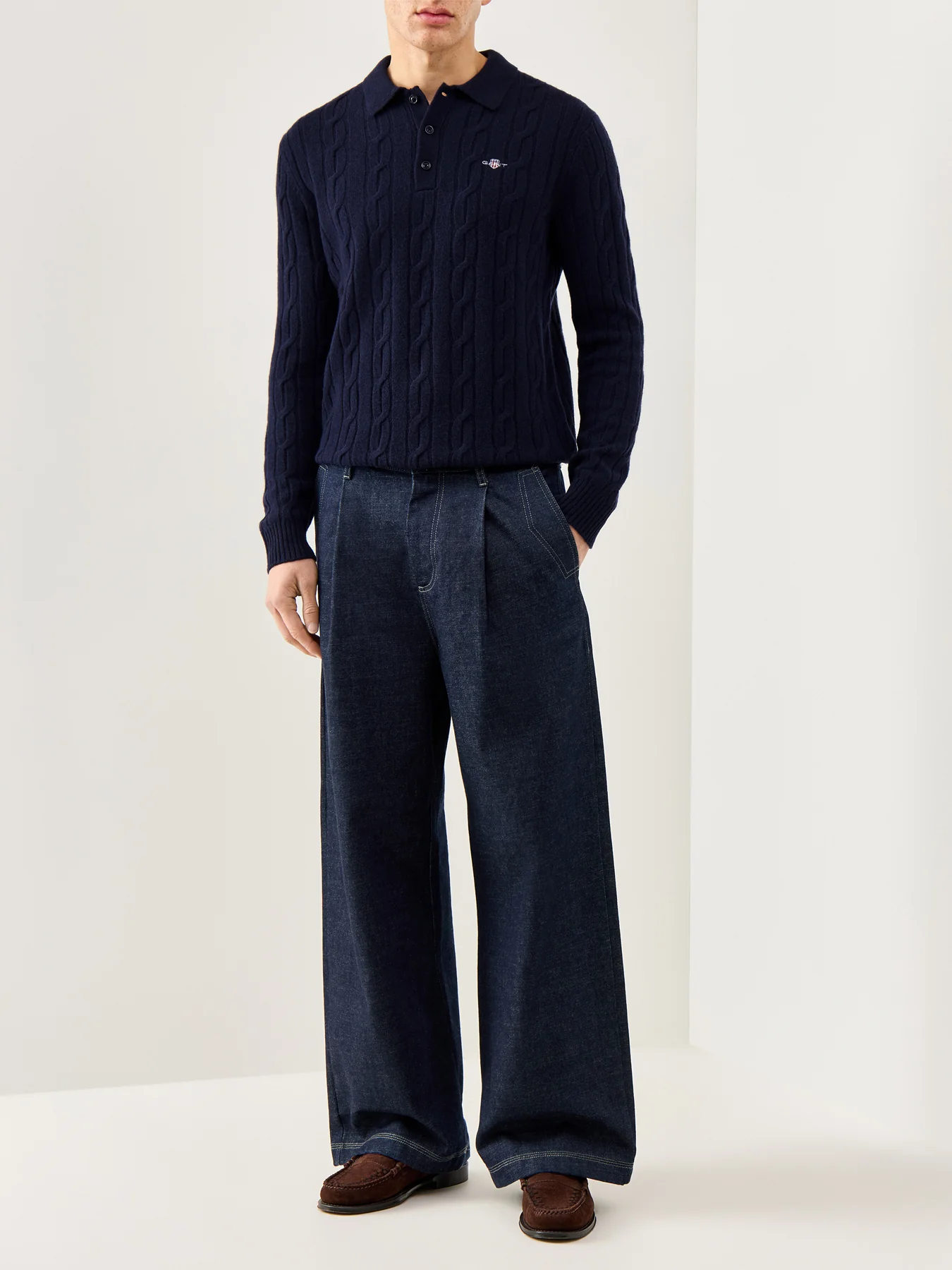 Lambswool Cable Polo Jumper Evening Blue - Image 2