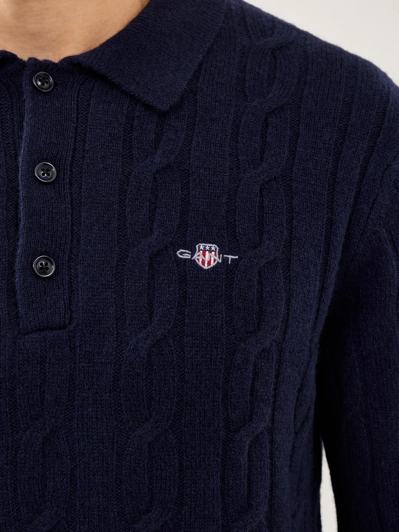 Lambswool Cable Polo Jumper Evening Blue - Image 3