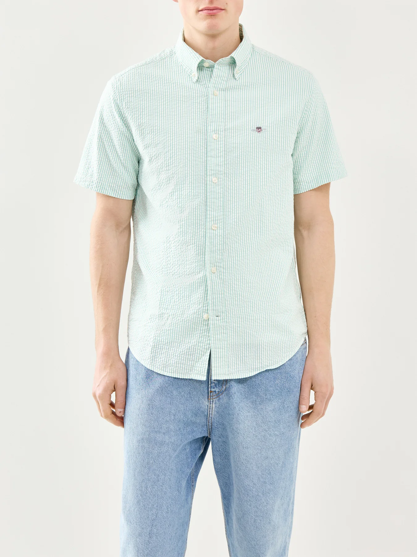 GANT Seersucker Stripe Short Sleeve Shirt Turquoise - Image 4