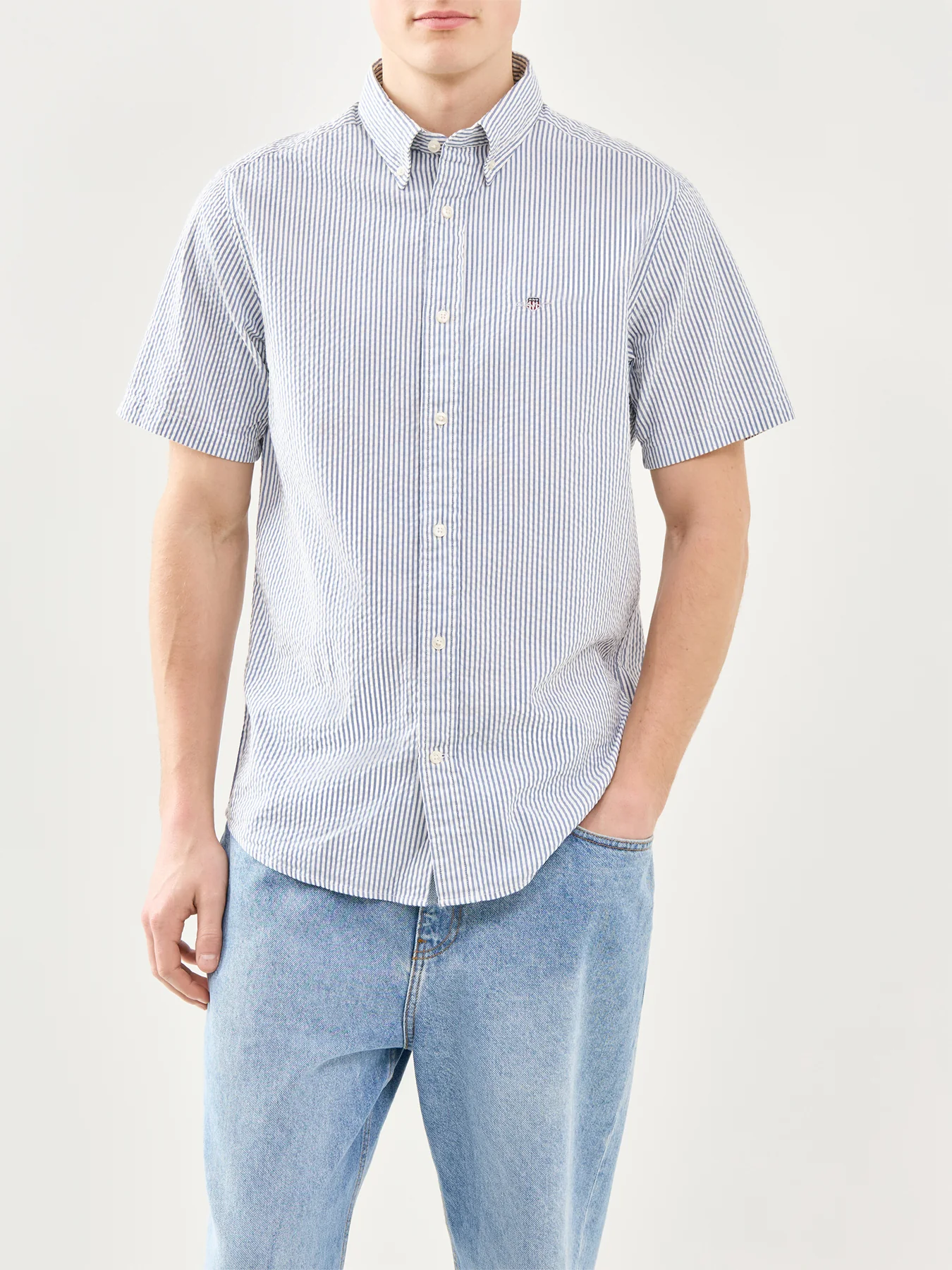 GANT Seersucker Stripe Short Sleeve Shirt Blue - Image 4