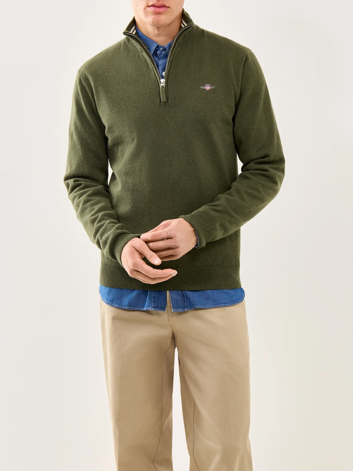 Superfine Lambswool Half-Zip Jumper Khaki Green Melange - Image 4