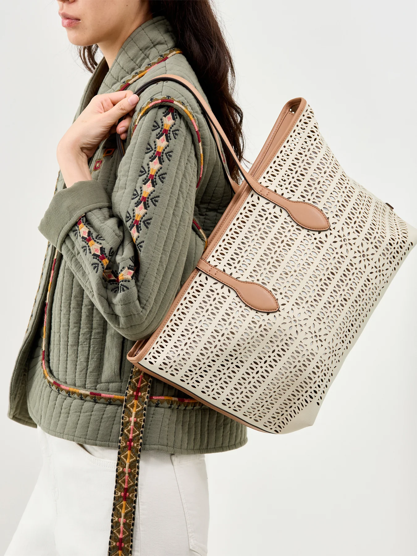 Mashup Laser Cut Leather Tote Bag Cream - Image 2