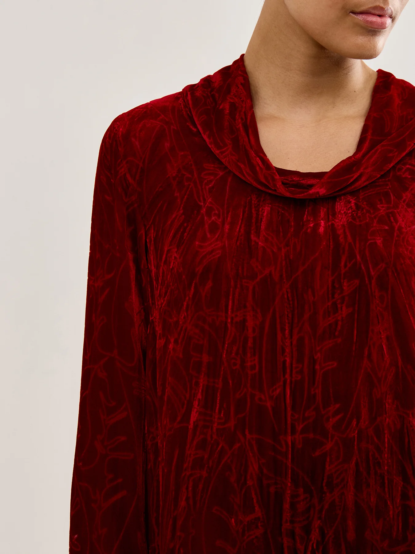 Leaf Print Devoré Dress Cherry Red - Image 3
