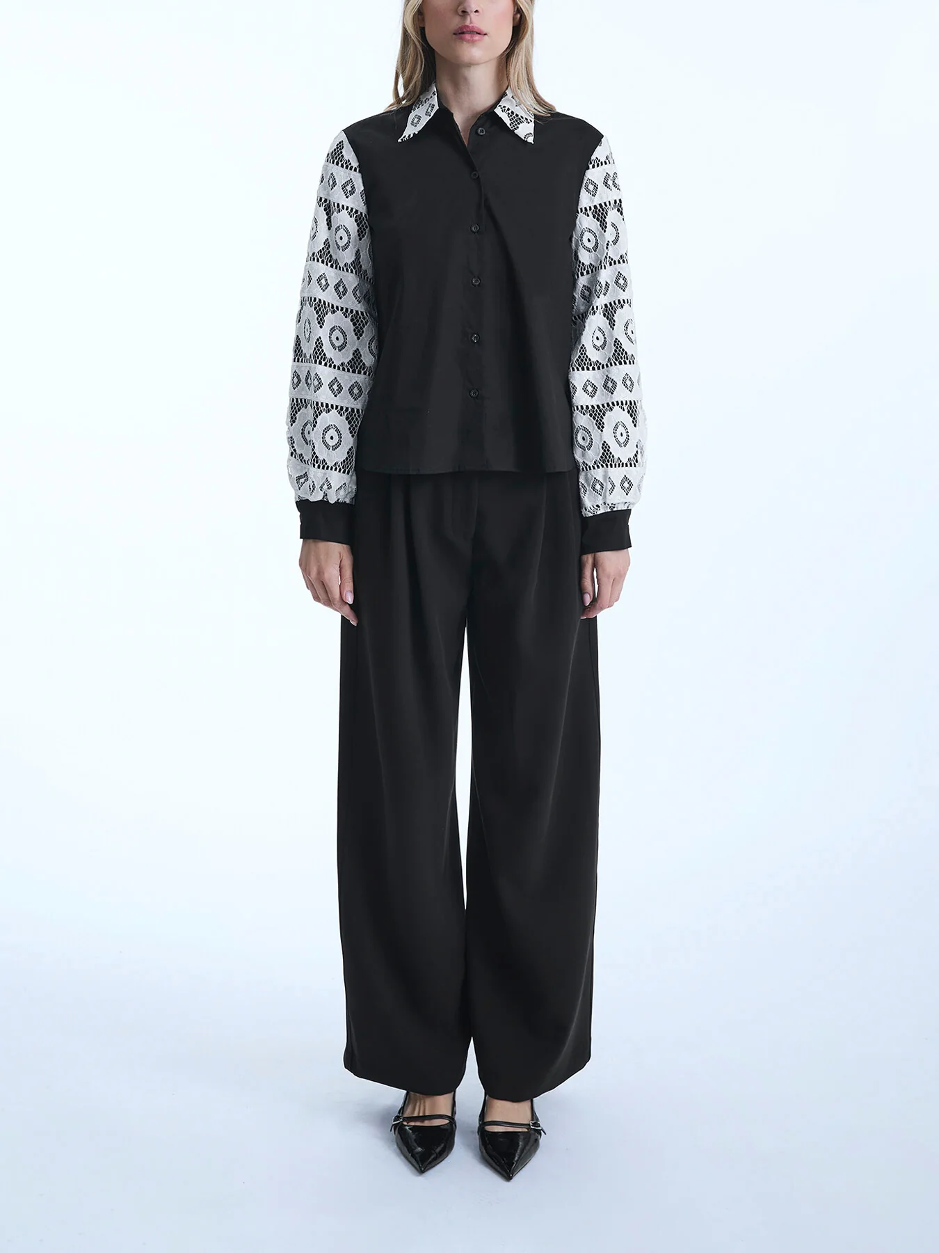 Crochet Sleeves Shirt Black - Image 2