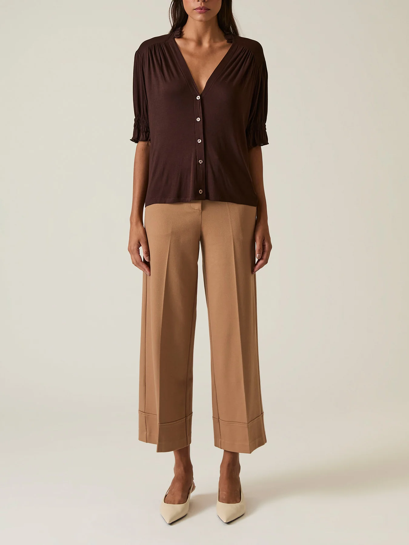 V-Neck Jersey Blouse Brown - Image 3