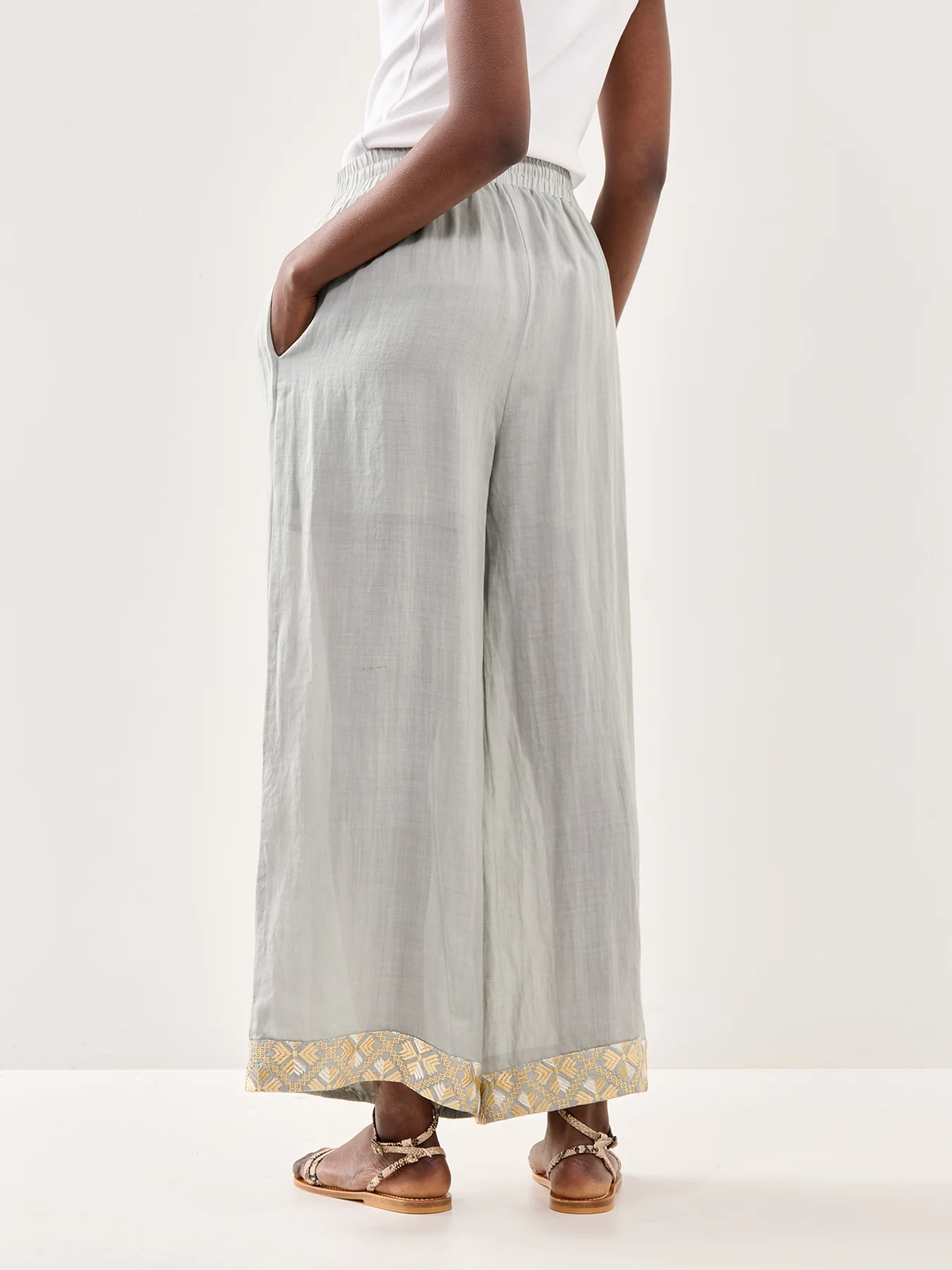 Wide Leg Cropped Linen Trousers Grey - Image 5