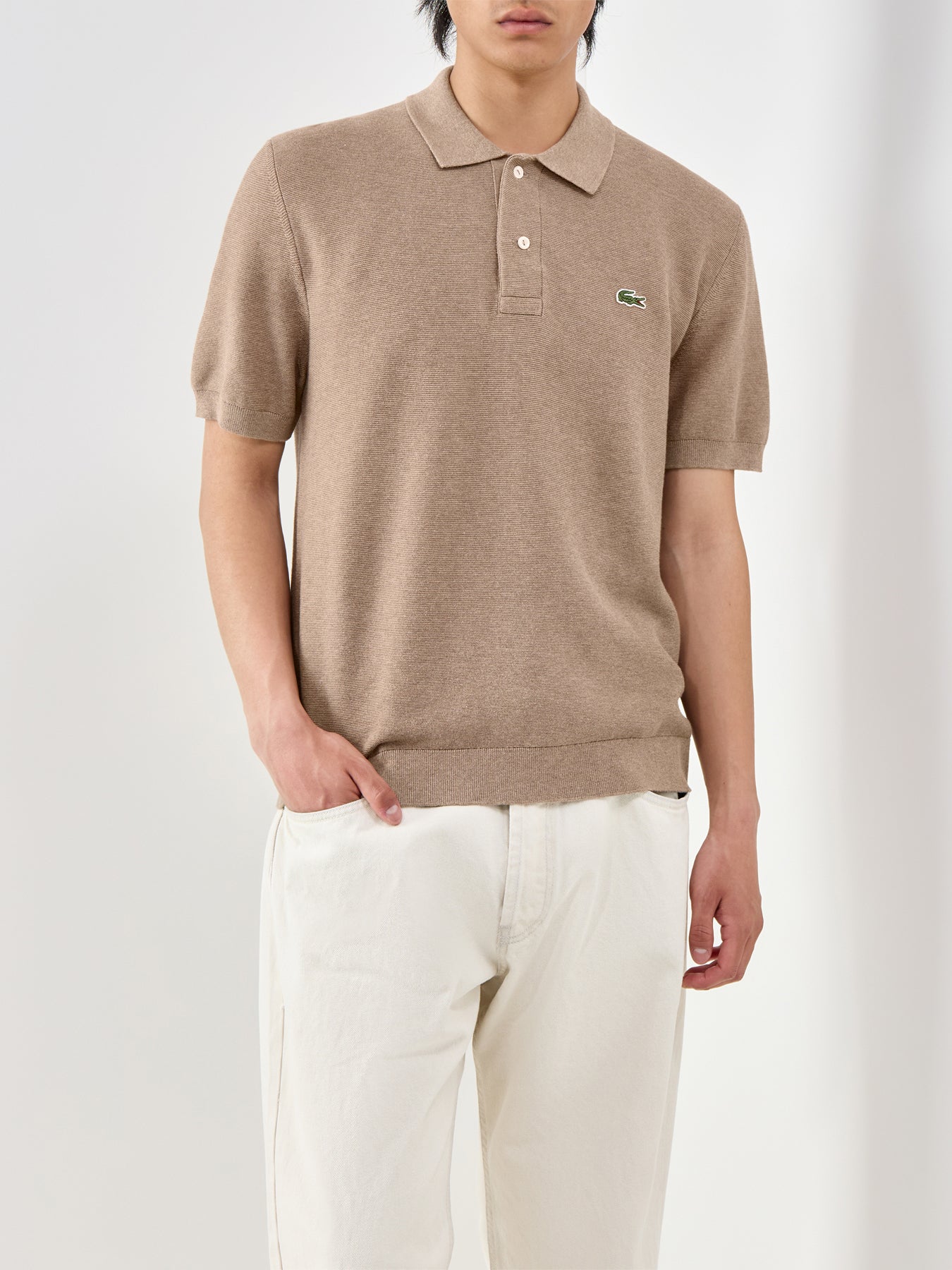 Knitted Short Sleeve Polo Shirt Beige - Image 4