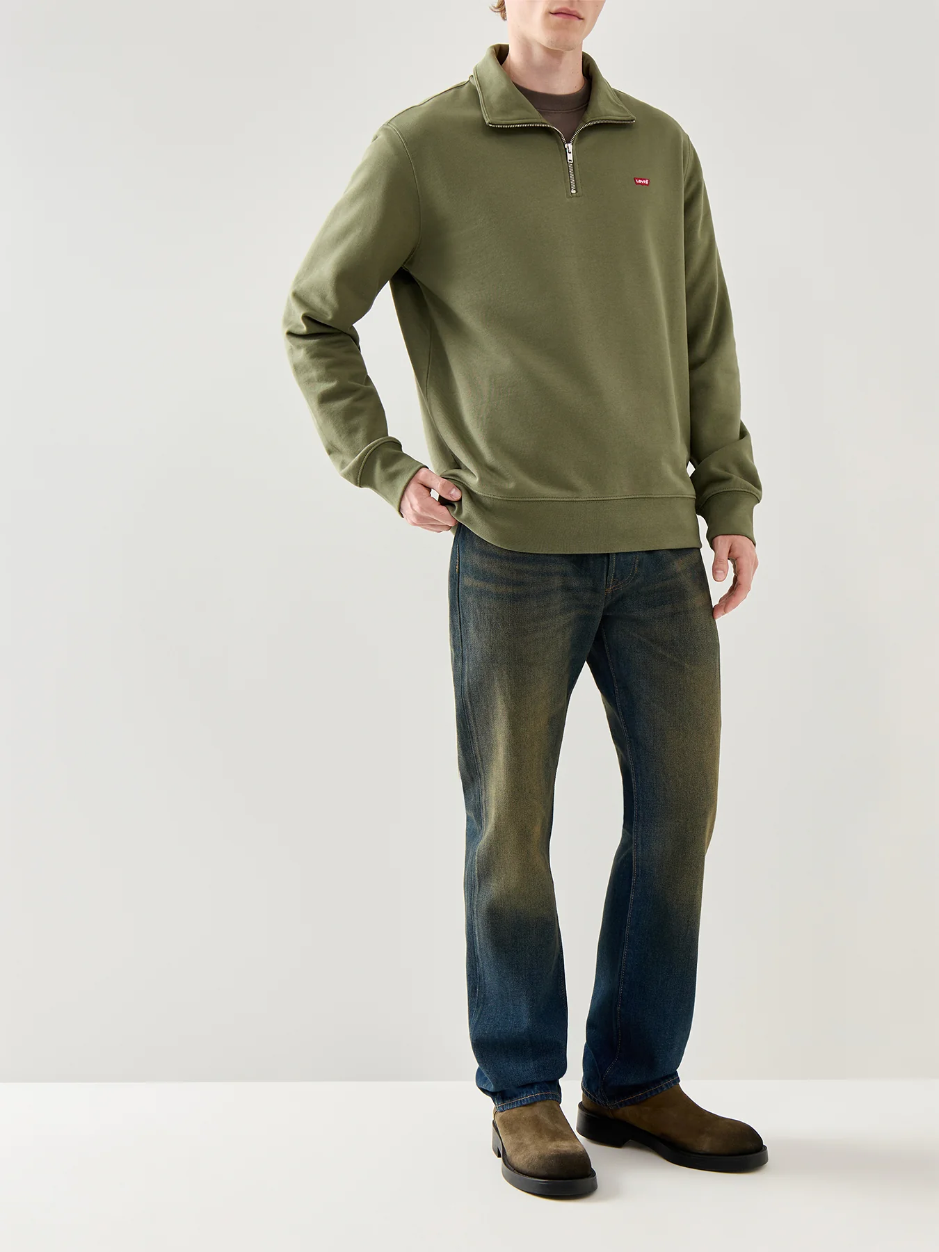 Original Long Sleeves Cotton 1/4 Zip Shirt Green - Image 2