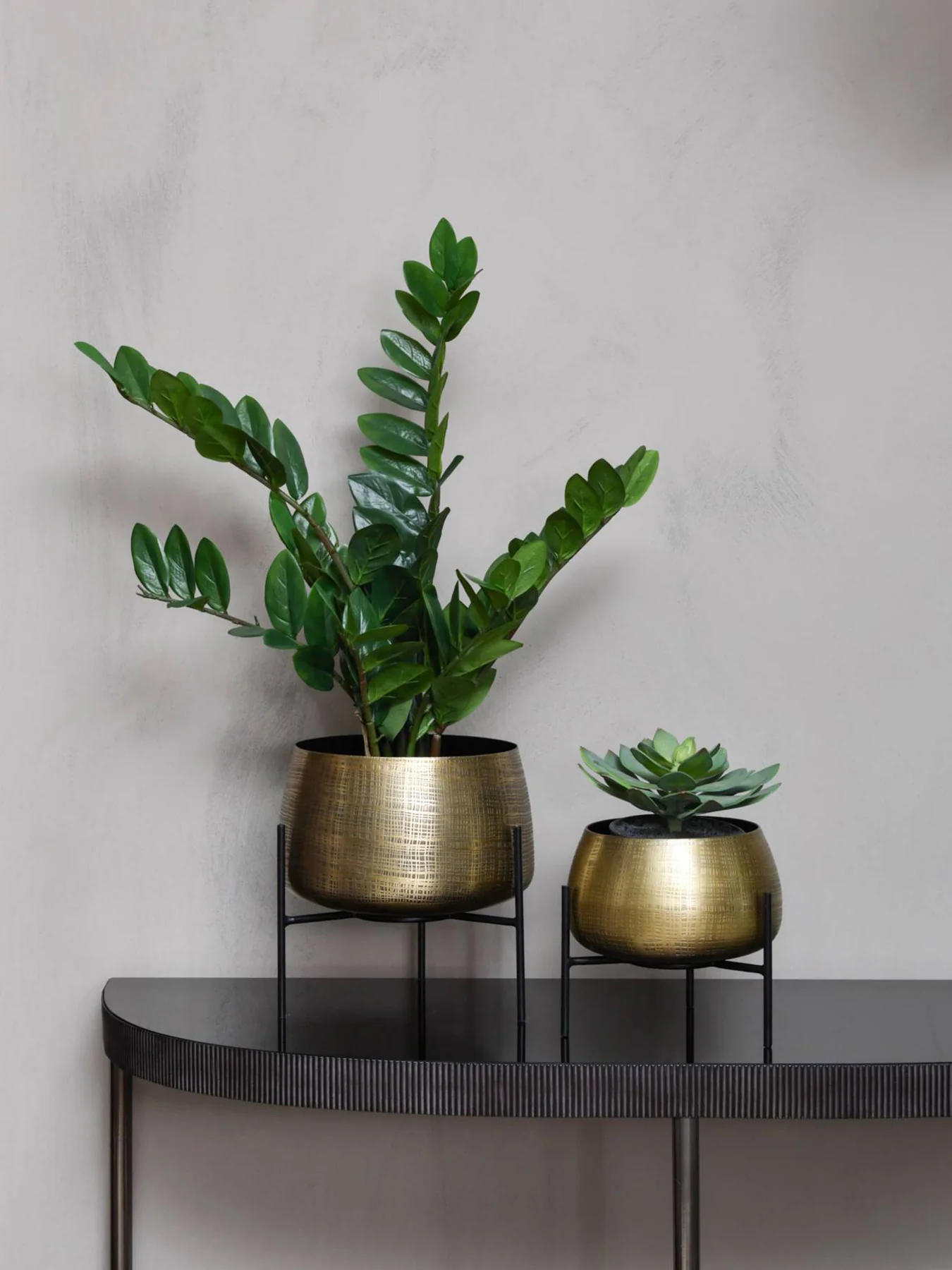 Clyde Brass Planters on Black Stands Set of Two - Image 2