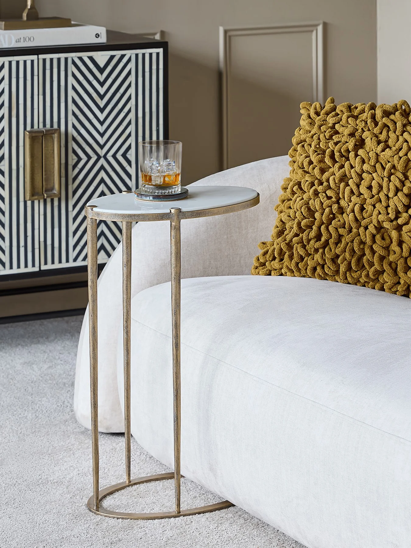 Iota Oval Accent Table White Banswara Marble Aged Champagne - Image 2