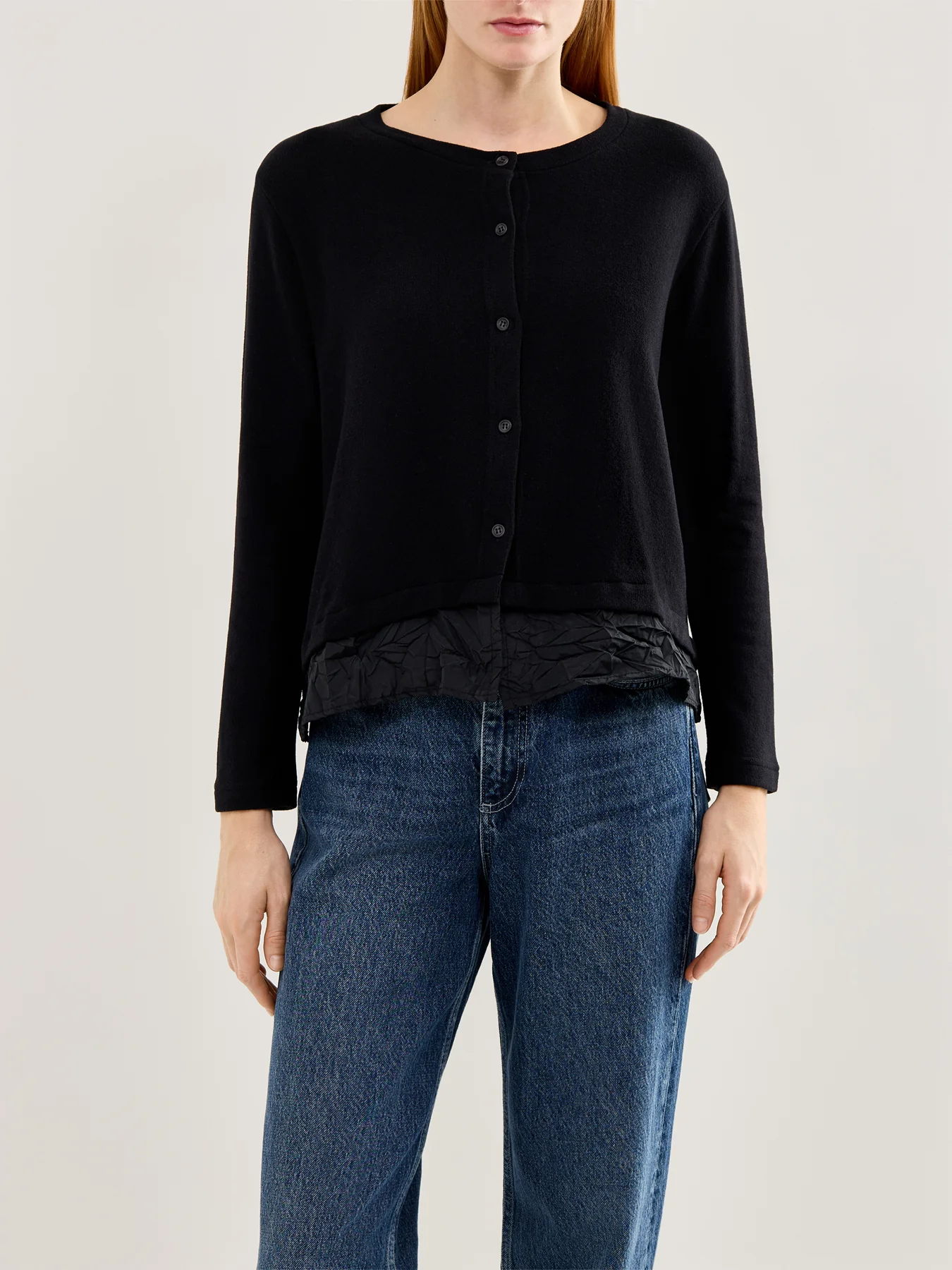 Button Through Cardigan with Taffeta Trim Black - Image 4