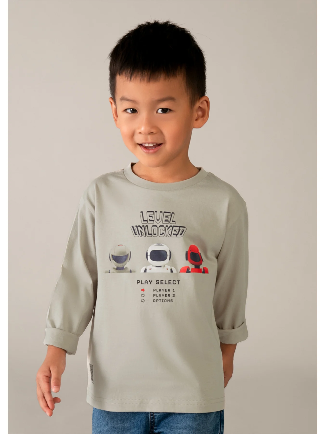 Kids’ Robot Long Sleeve Top Stone - Image 4