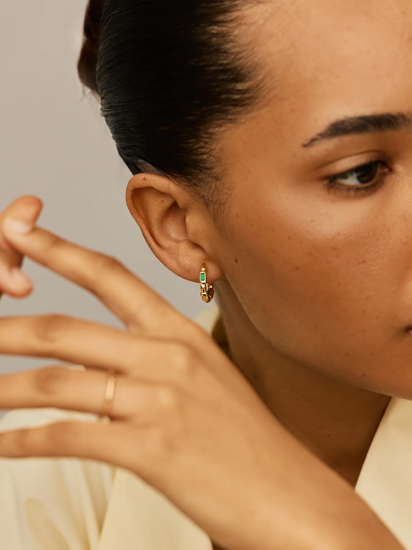 Molten Gemstone Baguette Hoop Earrings Gold - Image 3