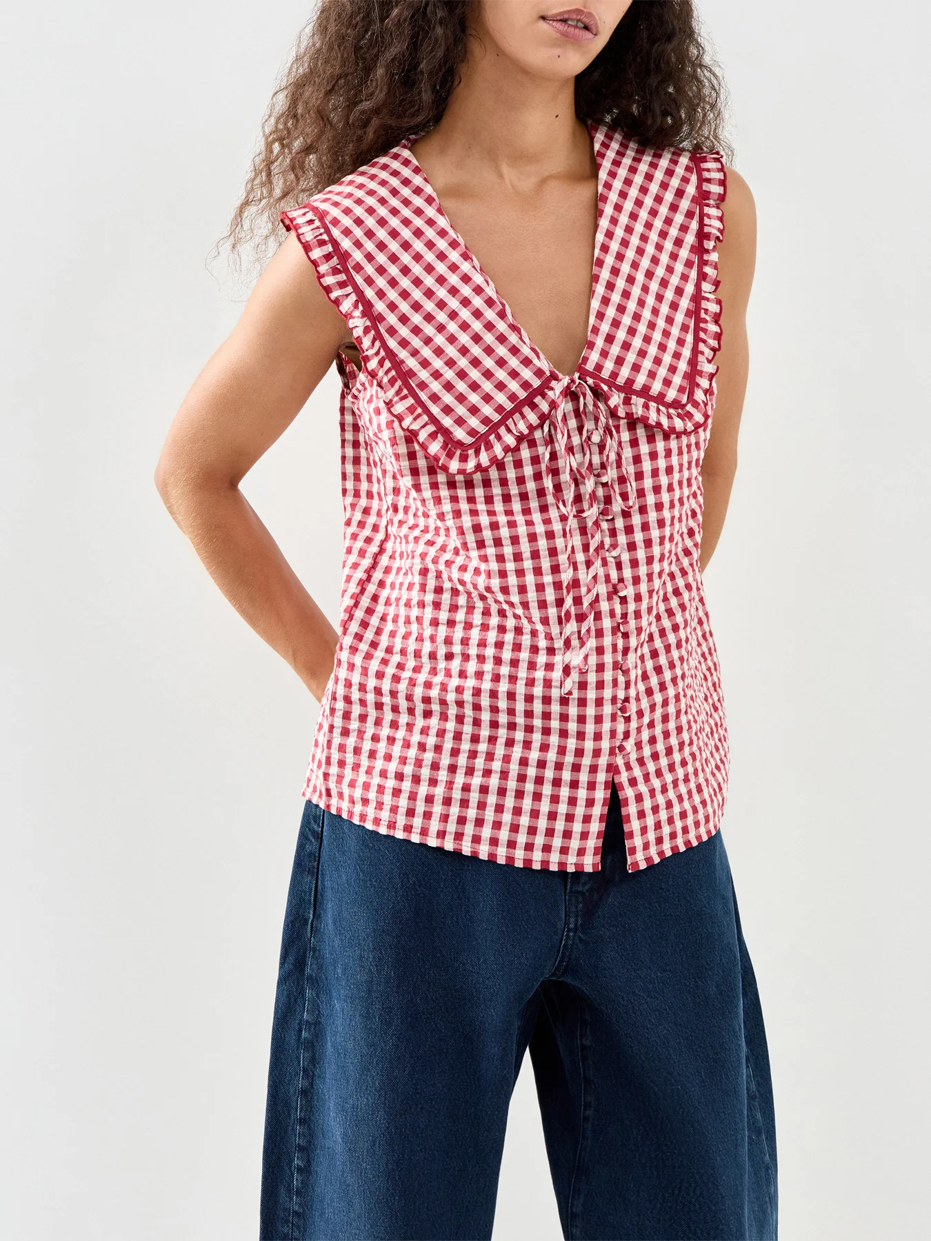 Blair Ruffle Collar Button Through Top Red - Image 5