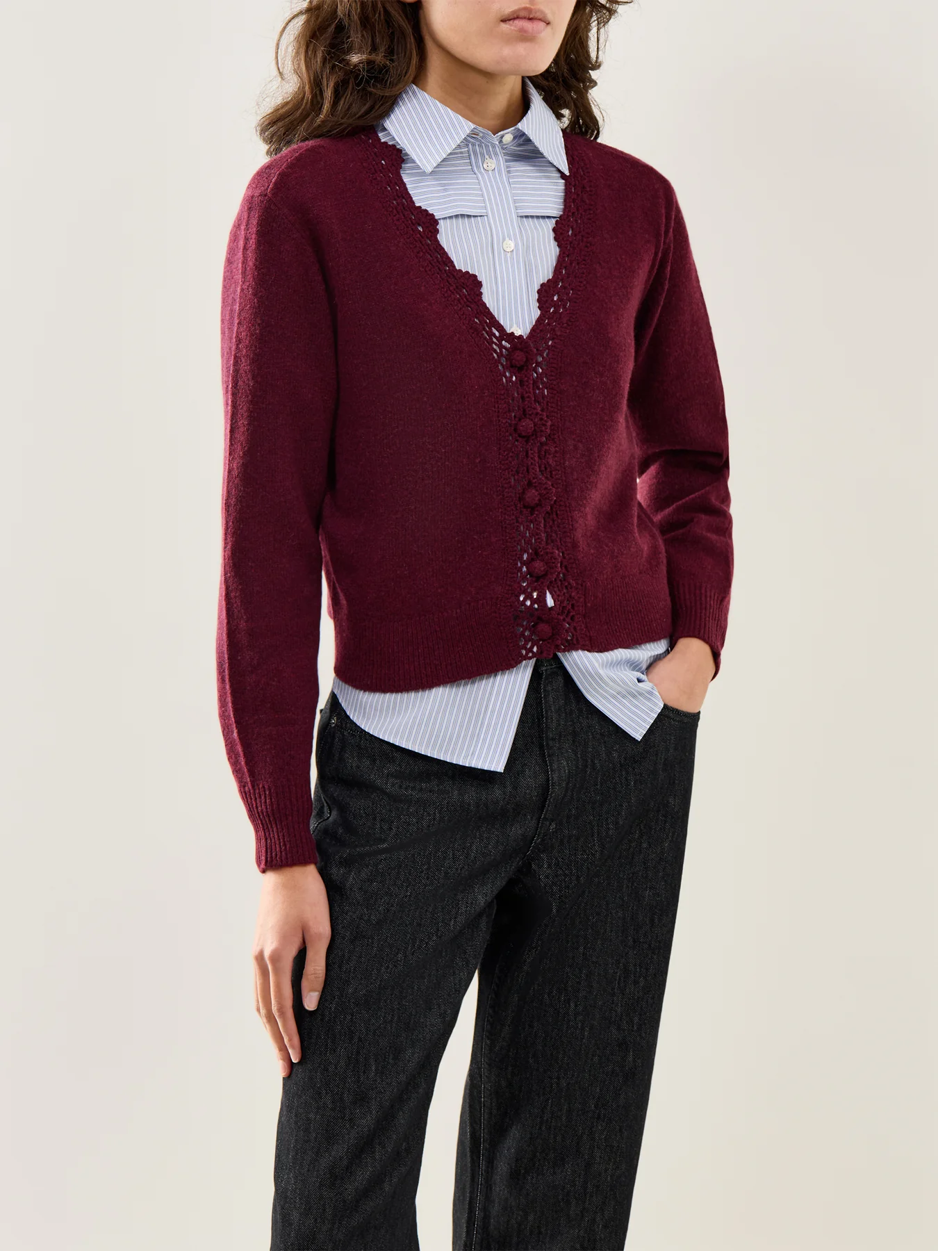 Crochet Trim Cardigan Burgundy - Image 4