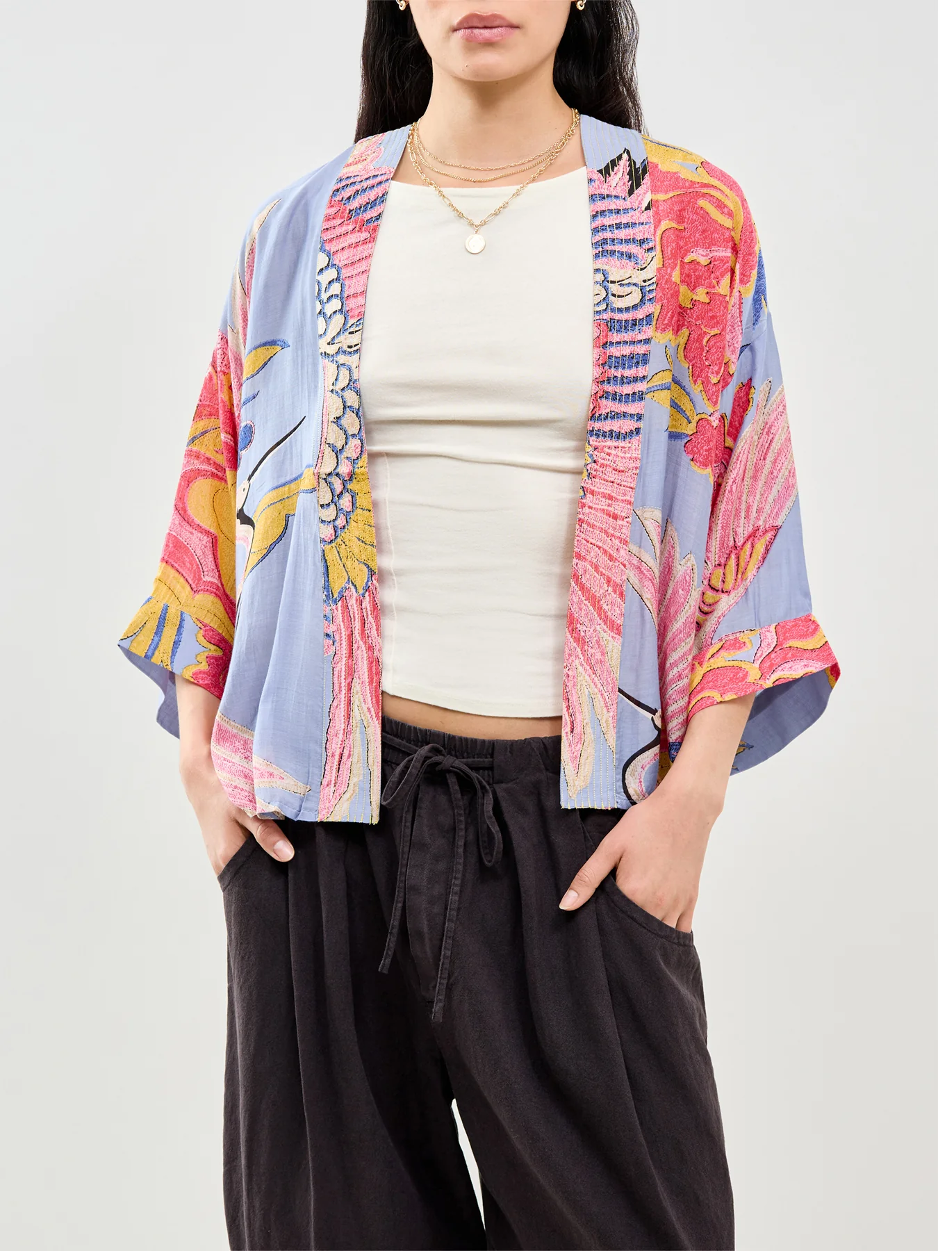 Crane Print Short Kimono Blue - Image 4