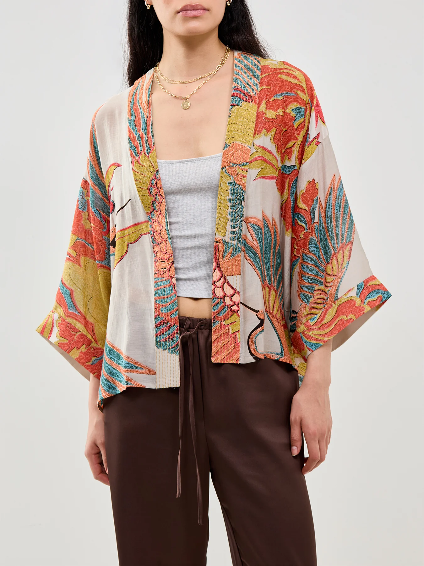 Crane Print Short Kimono Grey - Image 4