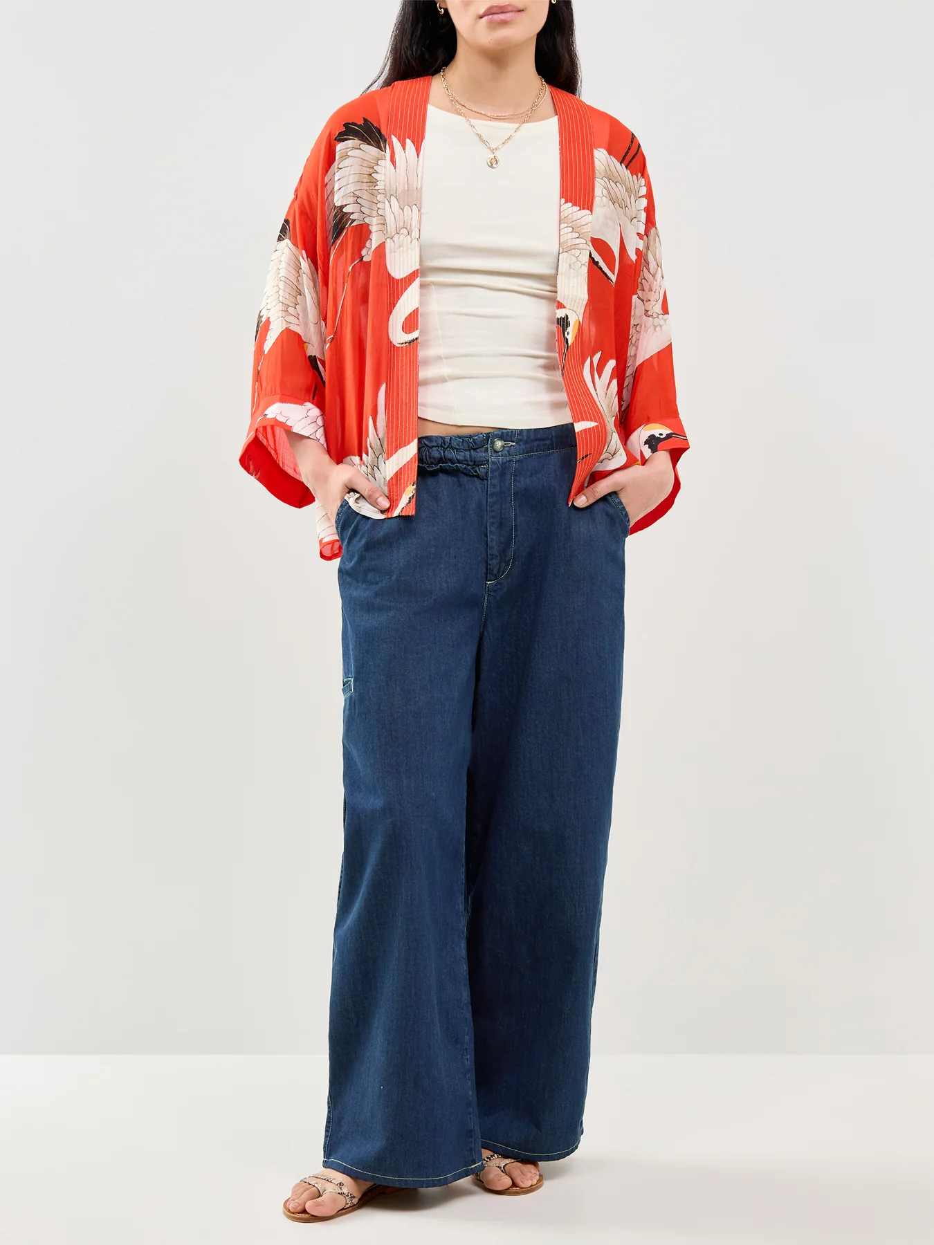 Stork Print Short Kimono Red - Image 2