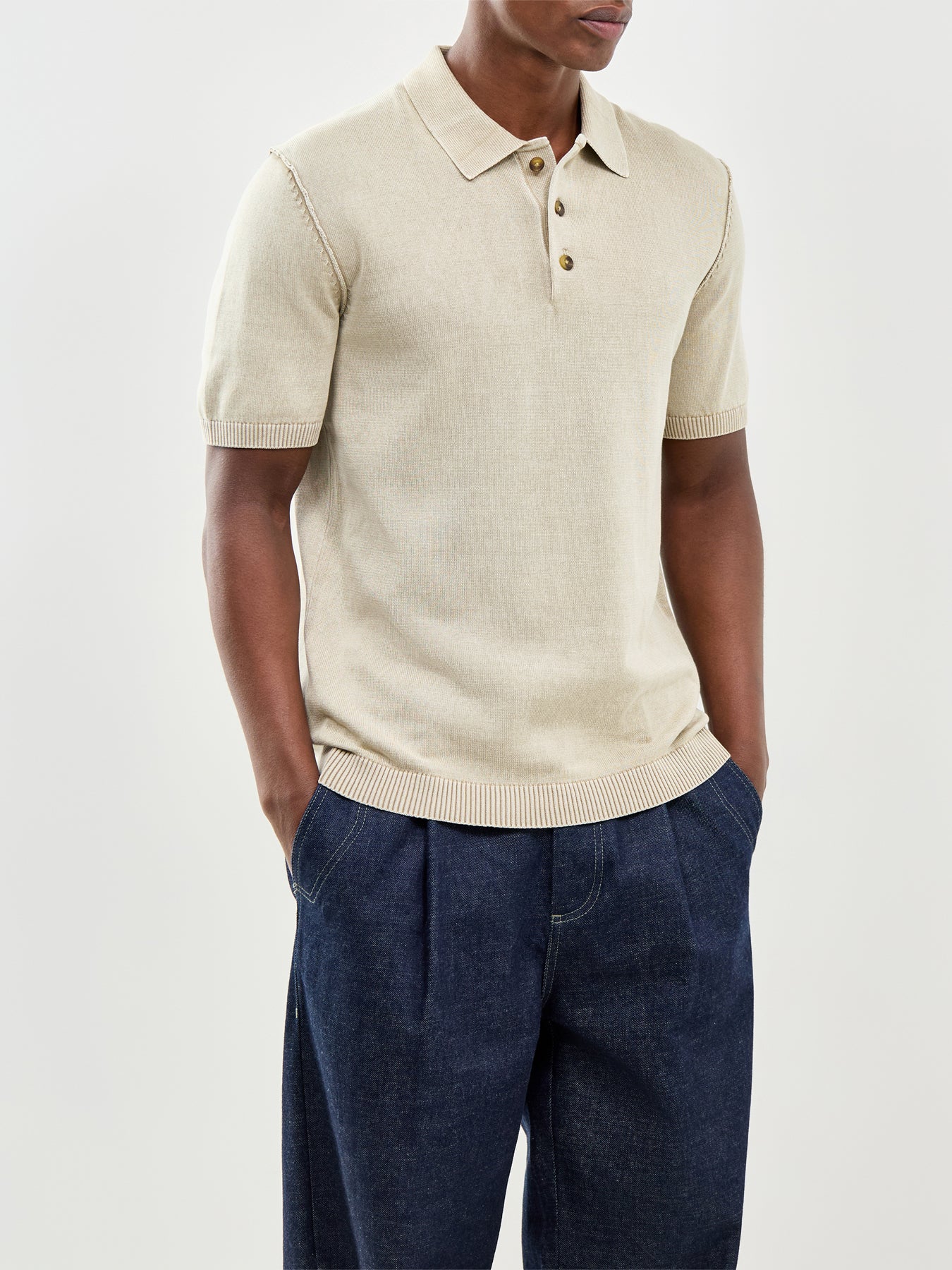 Garson Short Sleeve Knit Polo Shirt Beige - Image 4