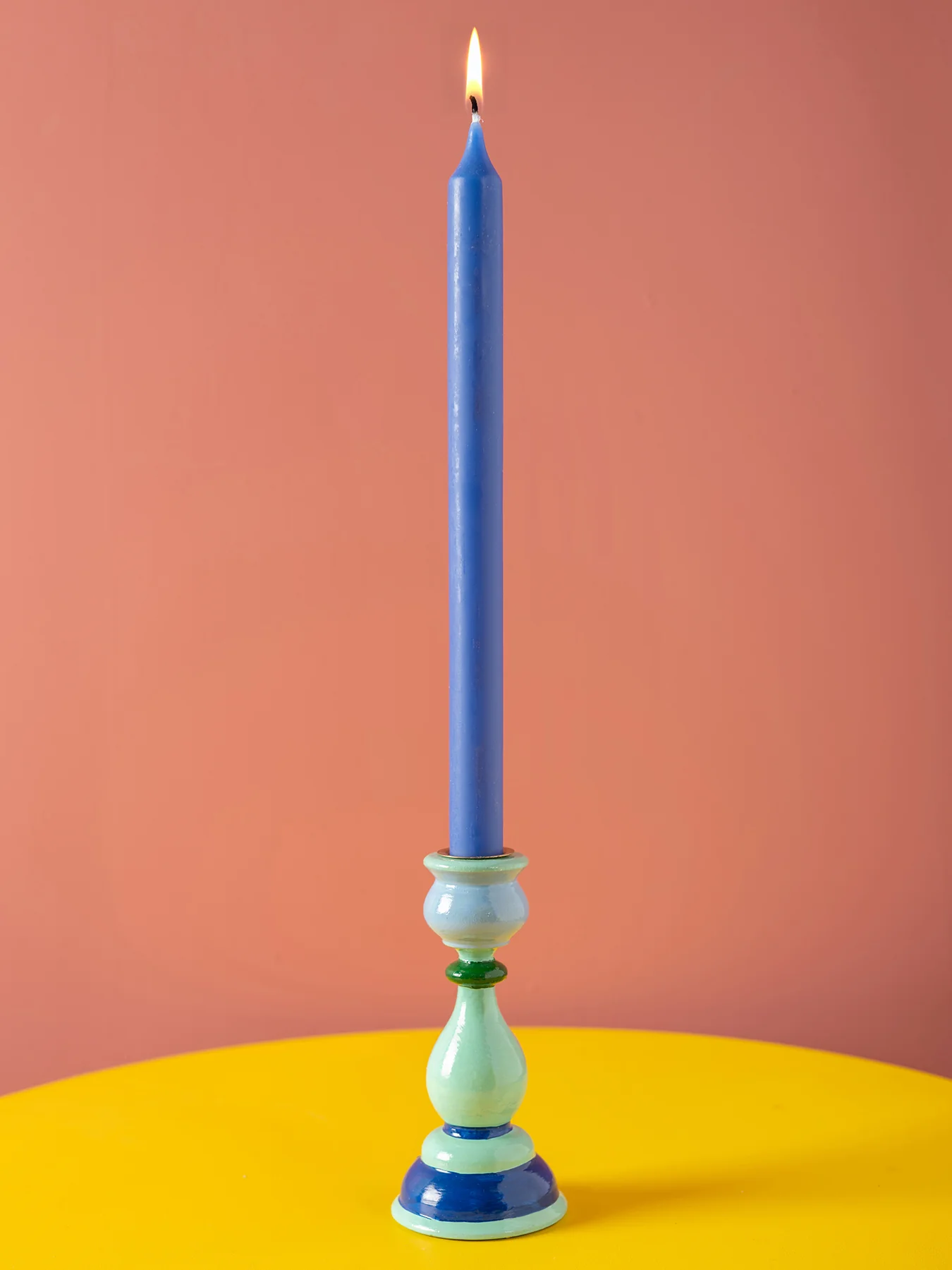 Carved Wooden Candlestick Blue - Image 3