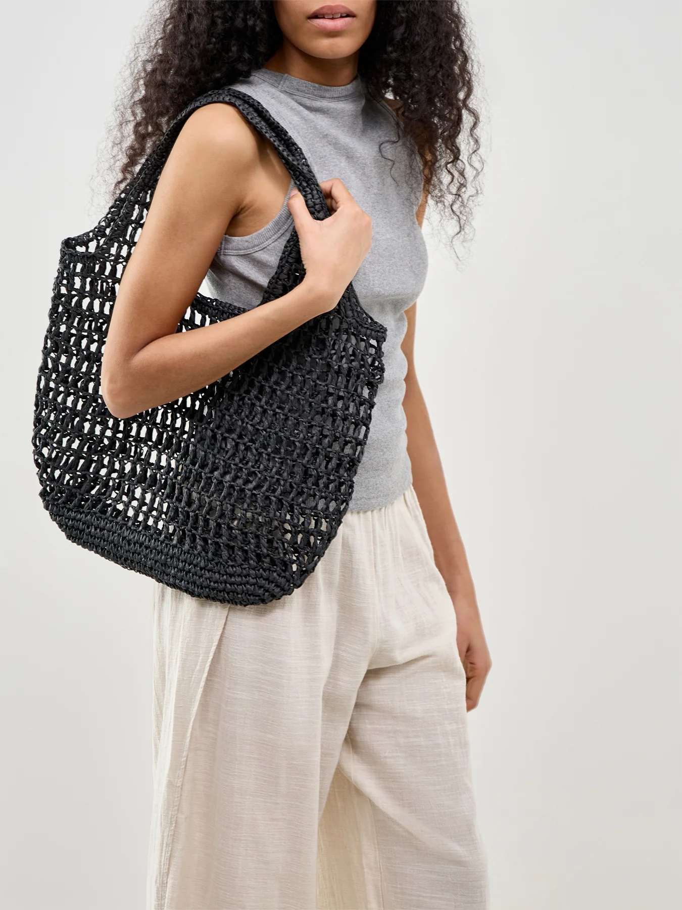 Kamille Straw Shopper Tote Bag Black - Image 2