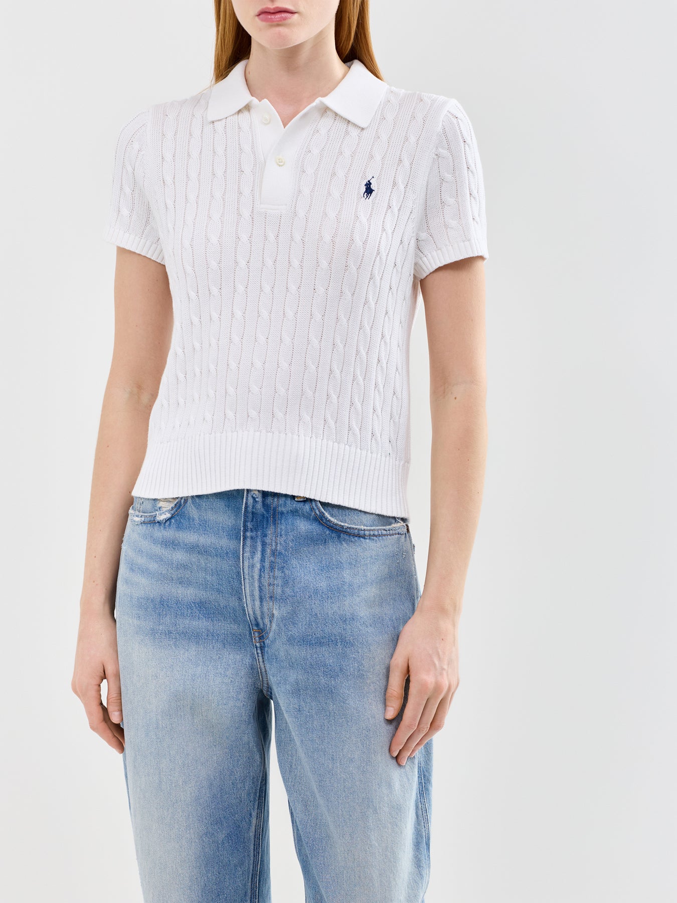 Cable Knit Short Sleeve Polo Pullover White - Image 4