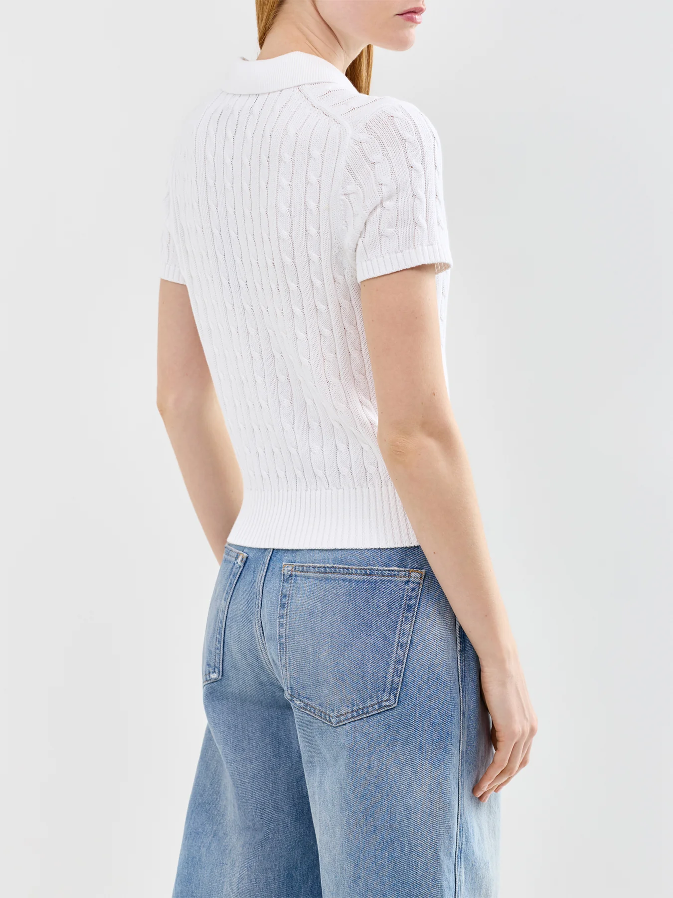 Cable Knit Short Sleeve Polo Pullover White - Image 5