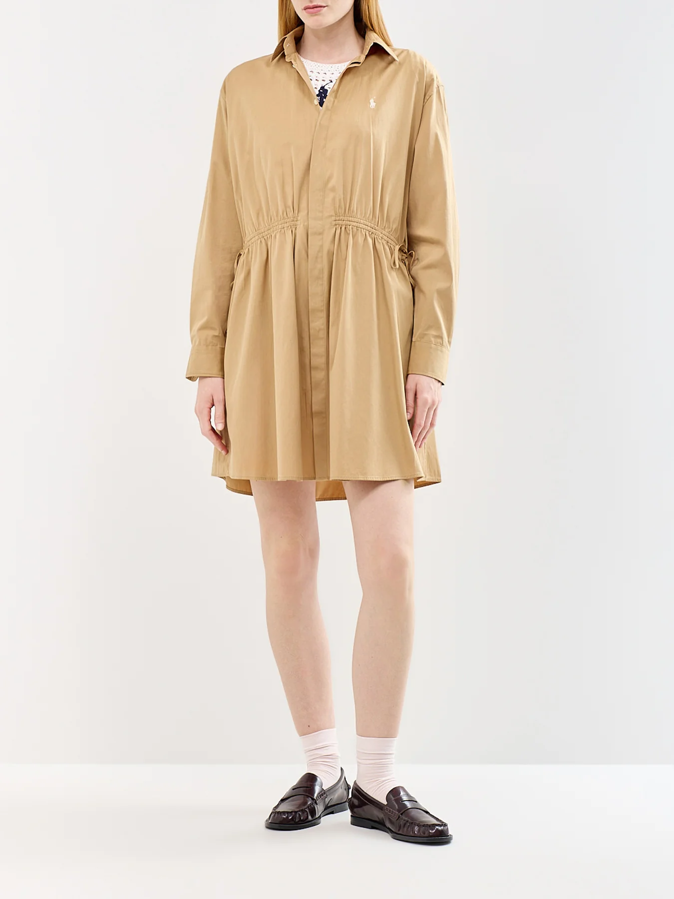 Mini Long Sleeve Shirt Dress Beige - Image 4
