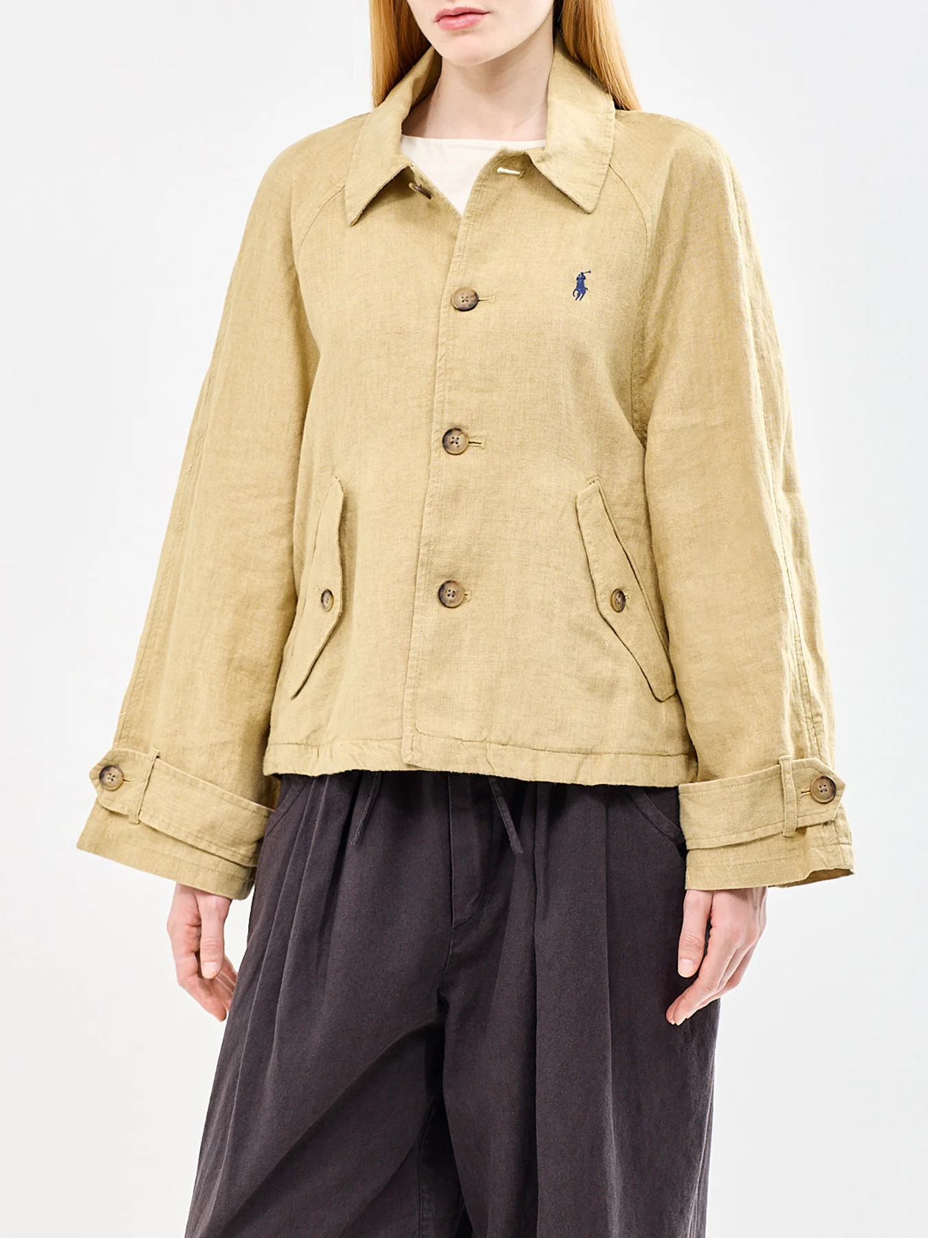 Short Linen Trench Coat Beige - Image 4