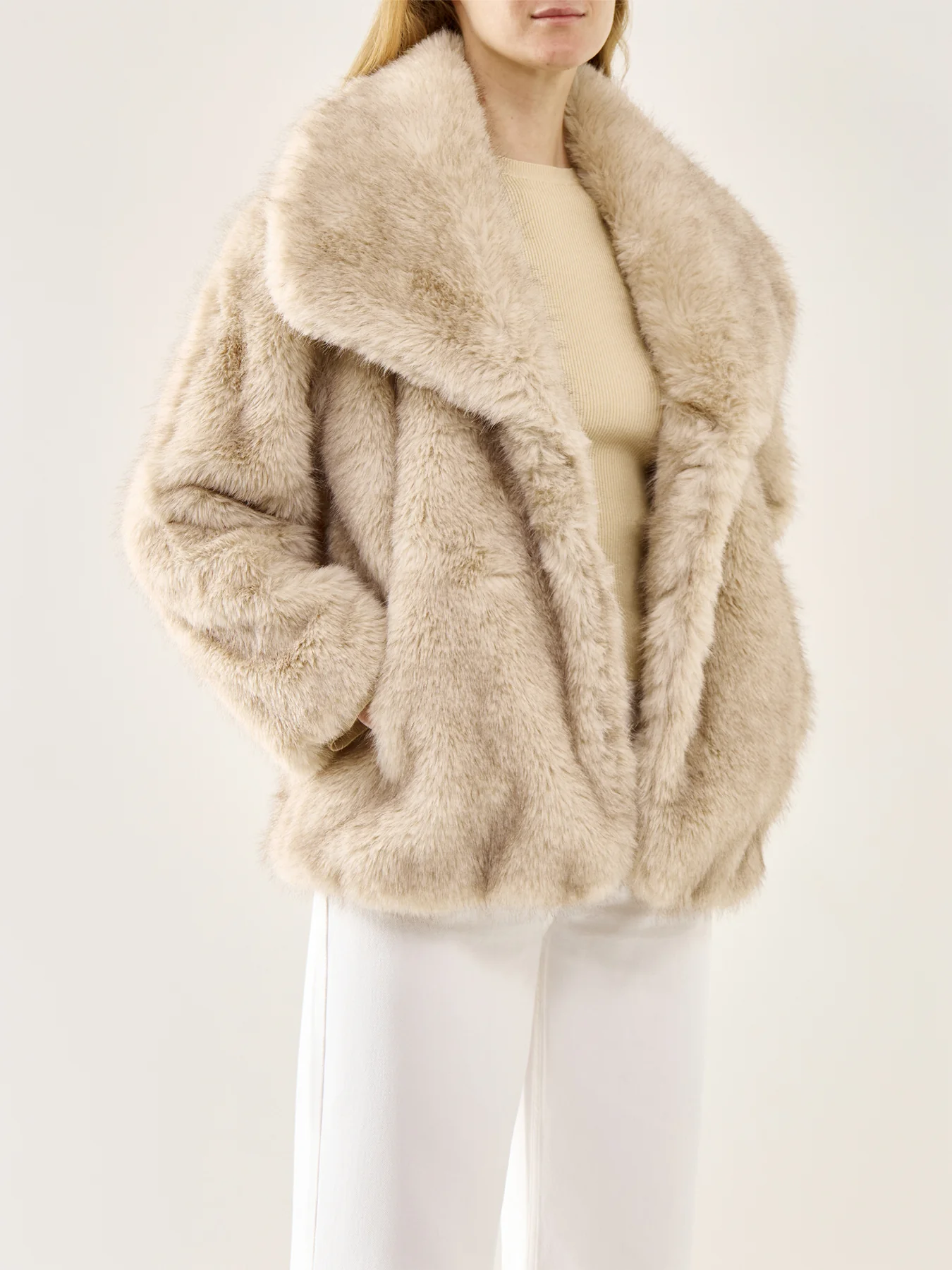 Agatha Exaggerated Collar Faux Fur Coat Beige Marl - Image 4
