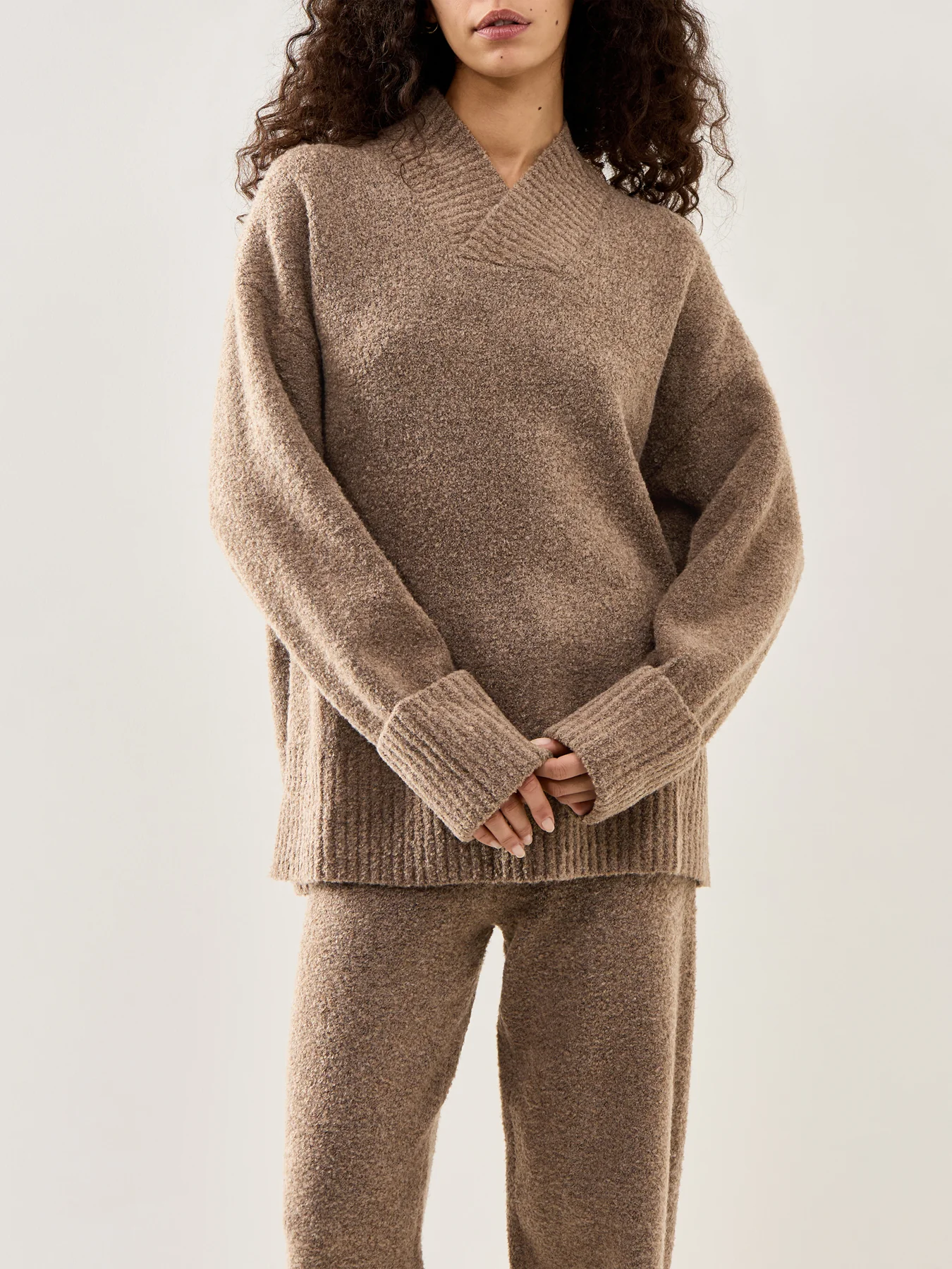 Camille V-Neck Oversized Borg Jumper Brown - Image 4