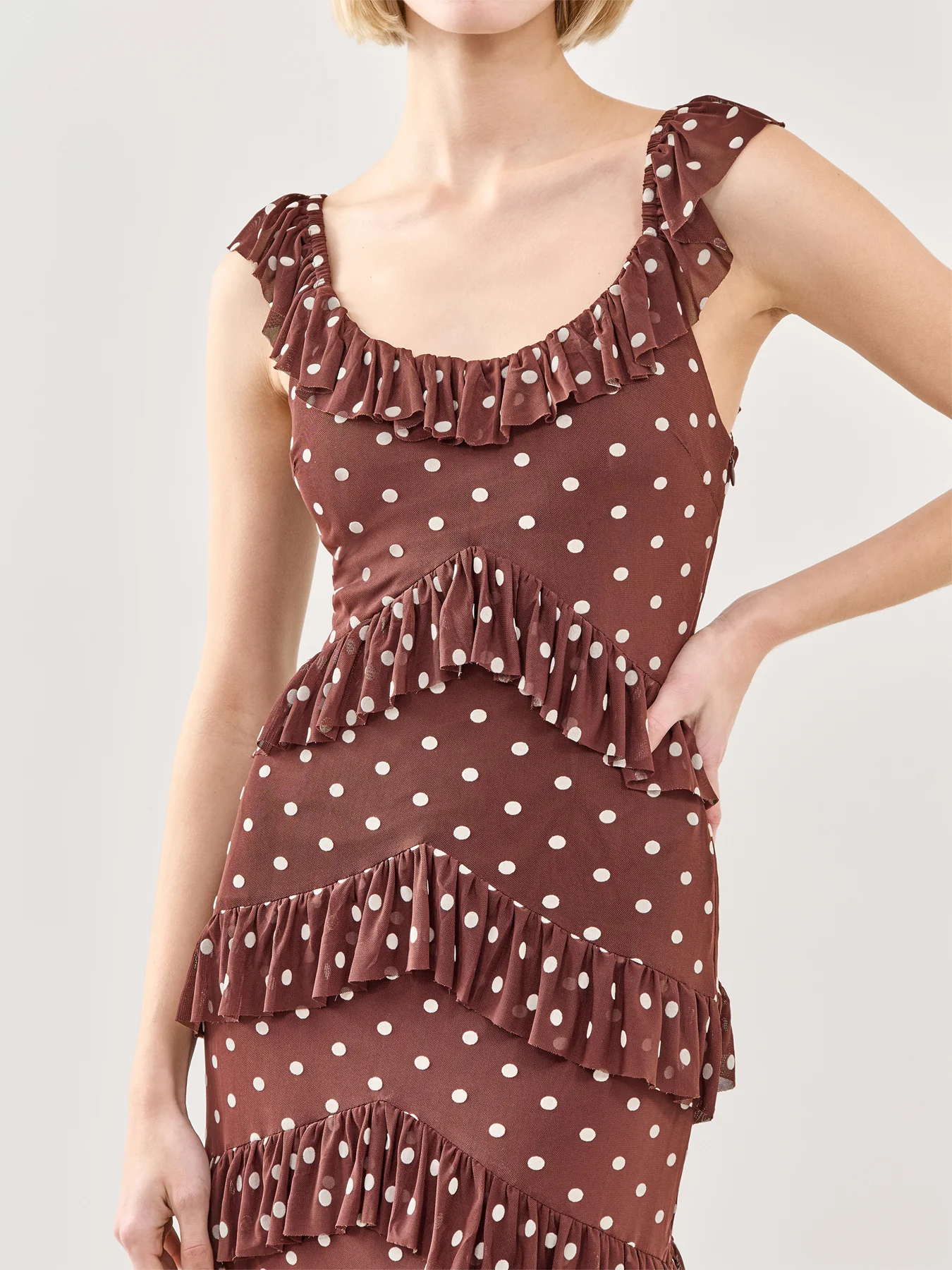 Cecile Ruffle Mesh Maxi Dress Brown - Image 3