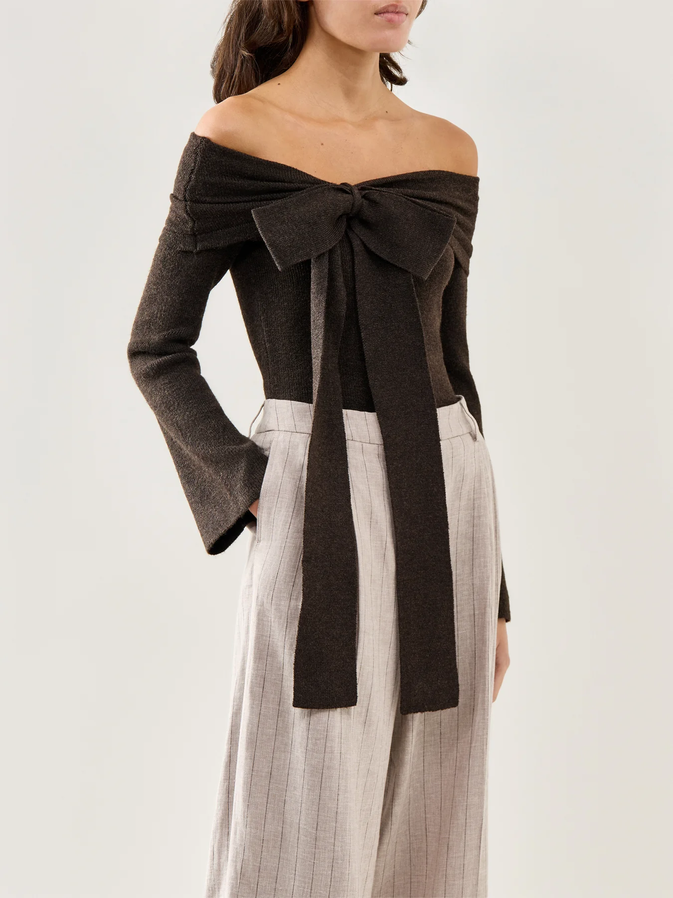 Tilda Bardot Bow Knit Top Brown - Image 4