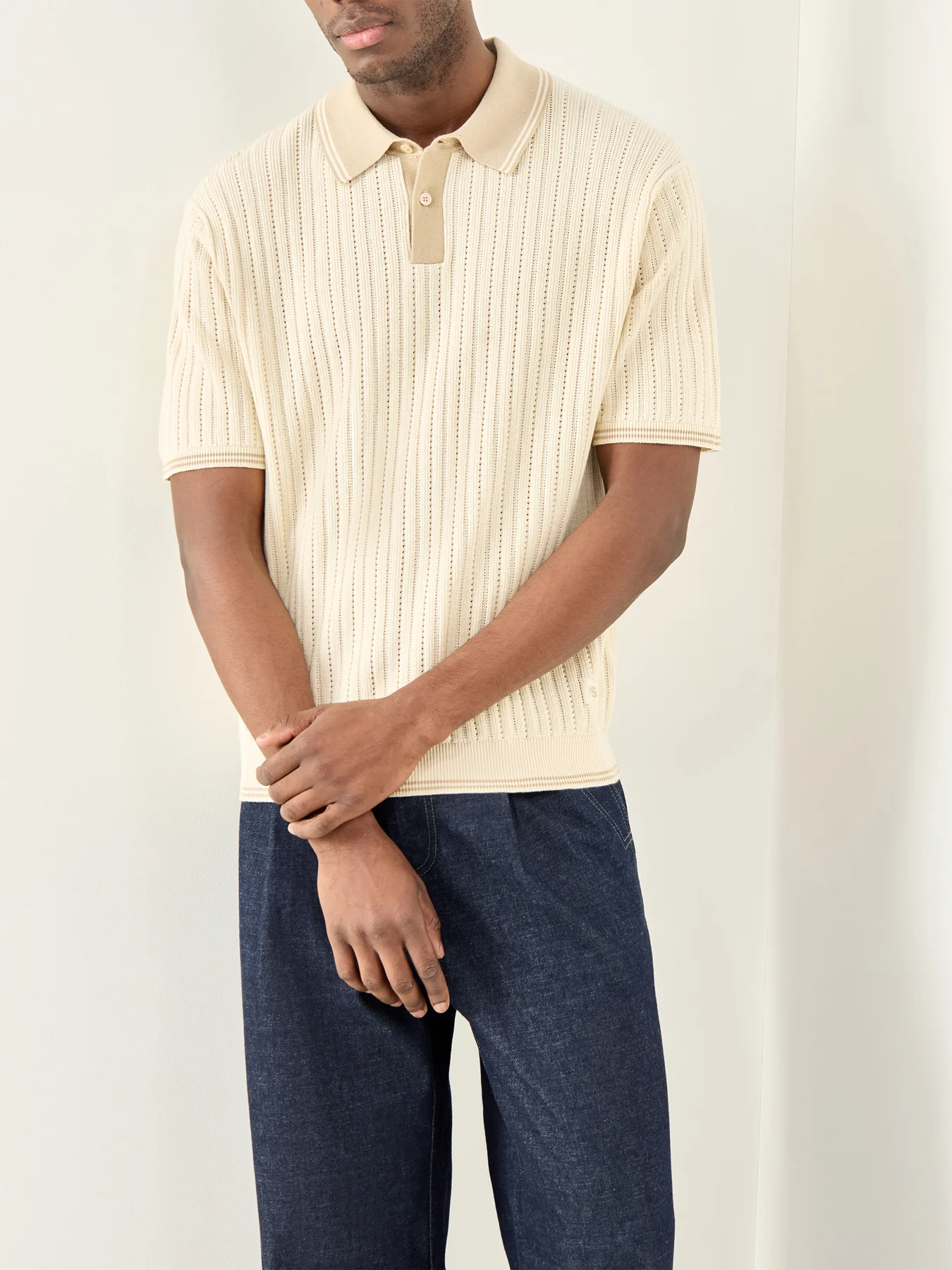 Crochet Knitted Polo Shirt White - Image 4