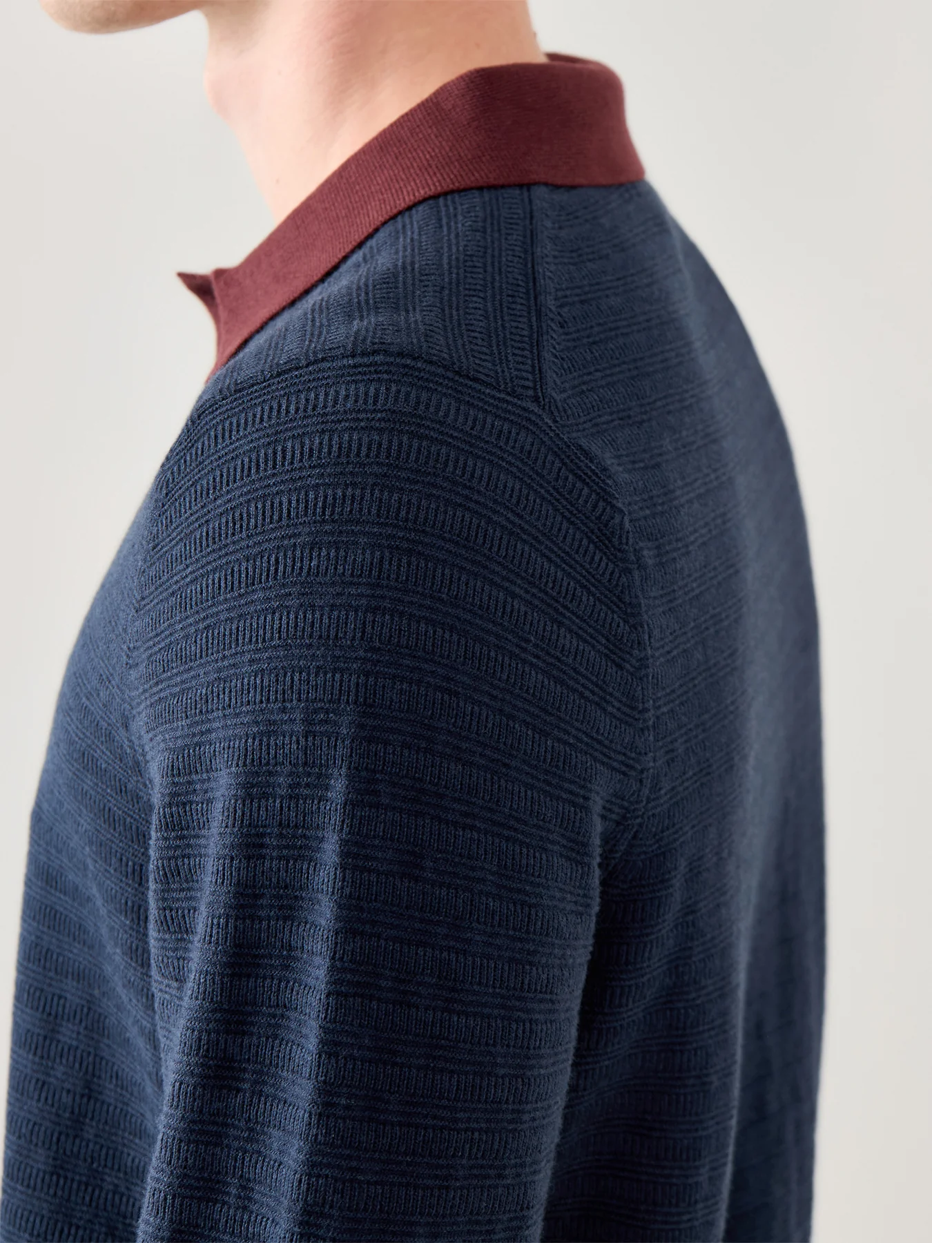Long Sleeves Cotton Textured Polo Navy - Image 3