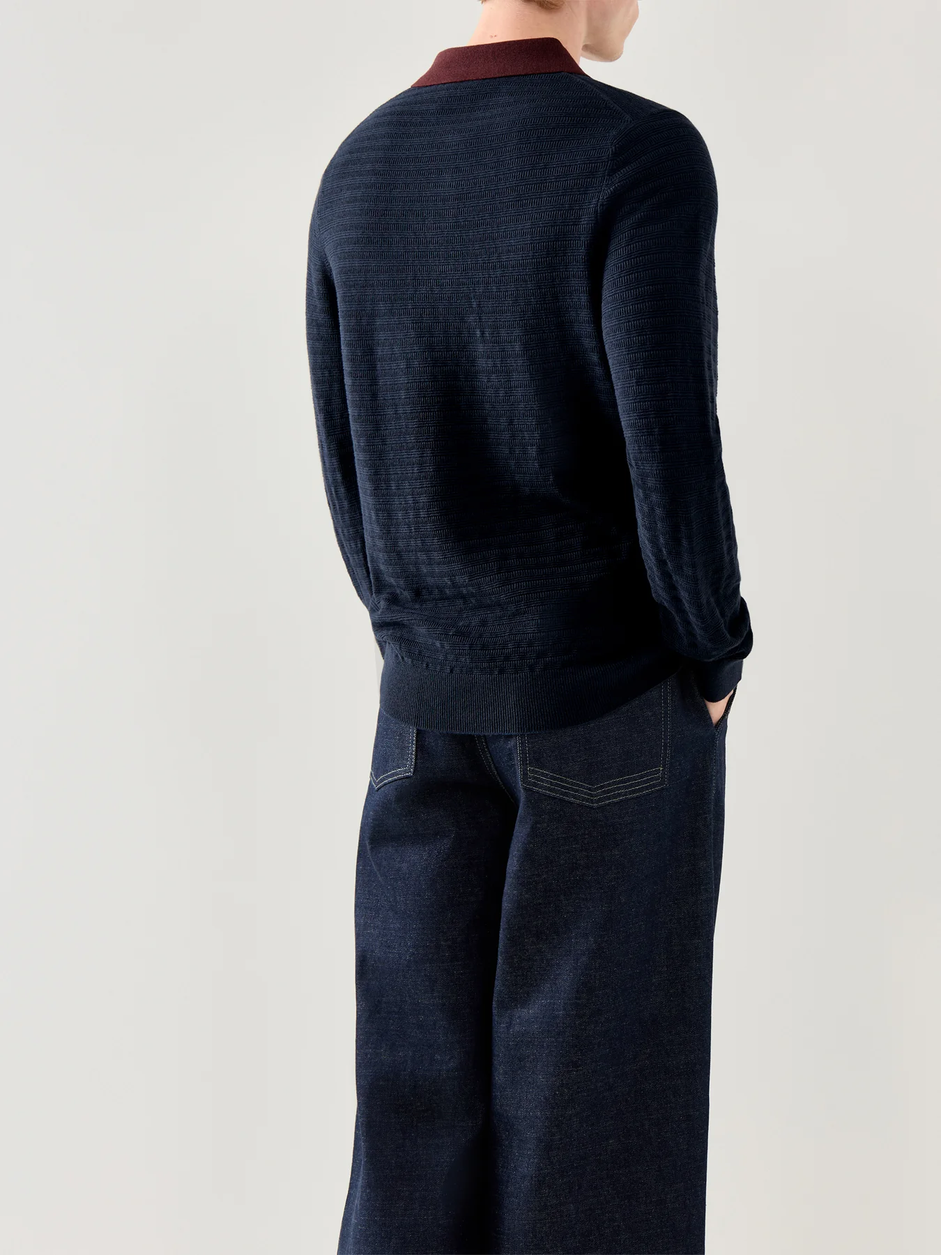 Long Sleeves Cotton Textured Polo Navy - Image 5