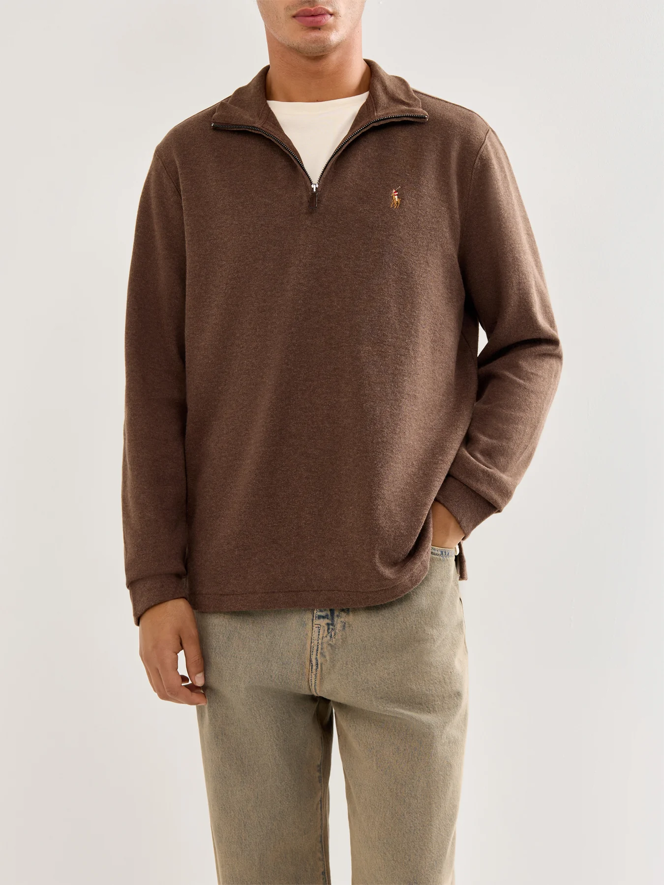 1/4 Zip Ribbed Cotton Sweatshirt Brown - Image 4