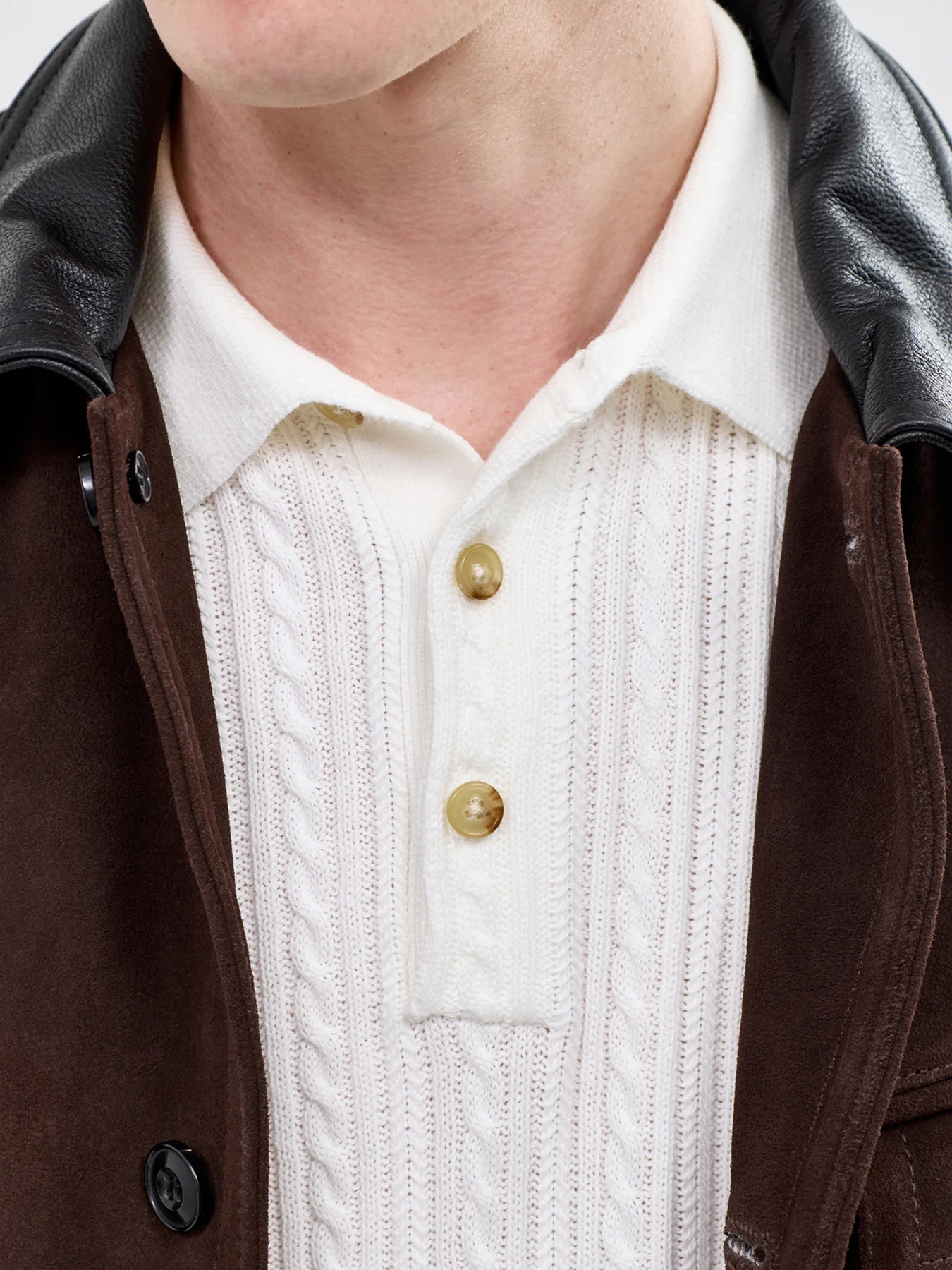 Cable Knit Polo Shirt White - Image 3