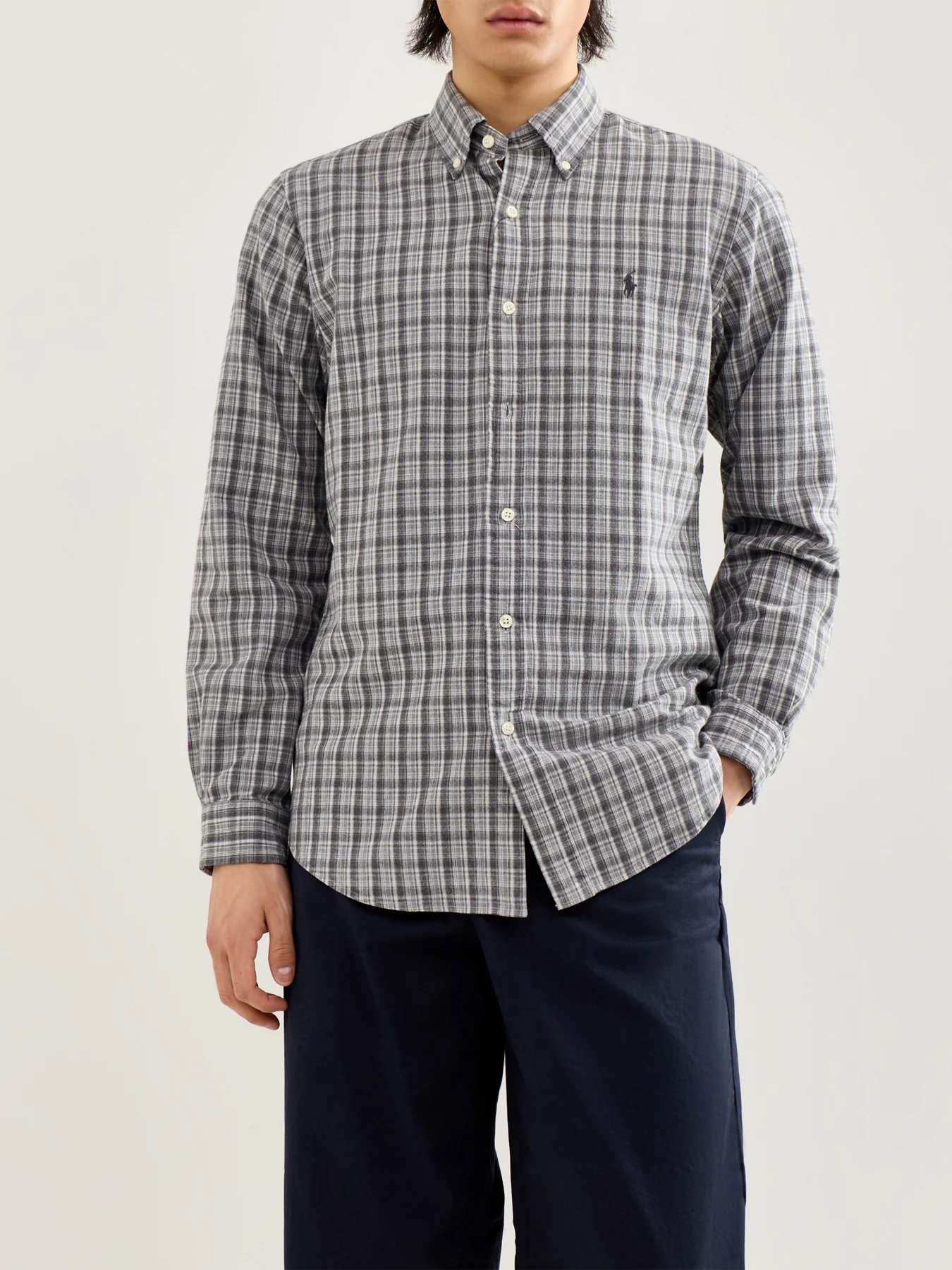 Custom Fit Brushed Oxford Check Shirt Grey - Image 4