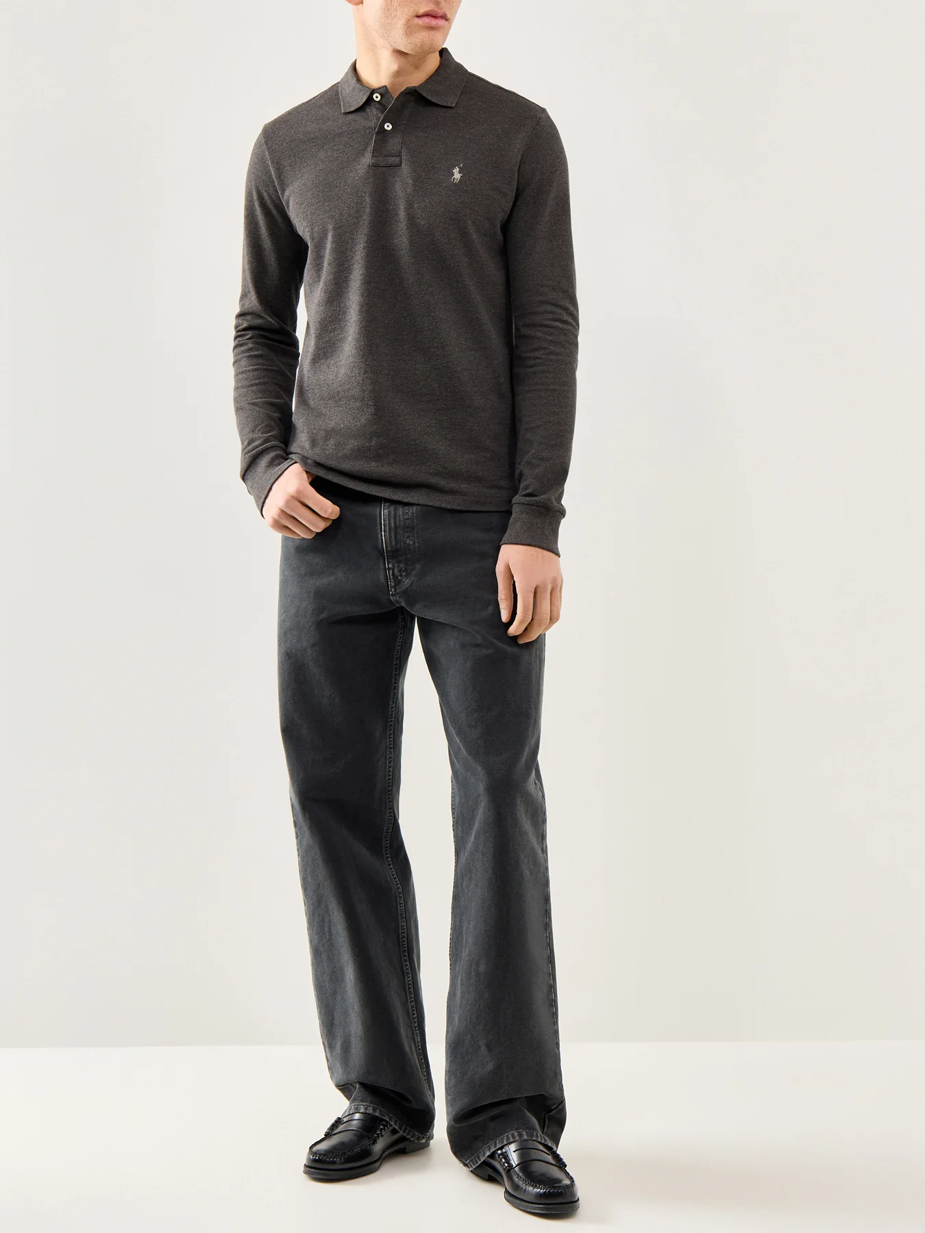 Long Sleeve Custom Fit Polo Top Grey - Image 2