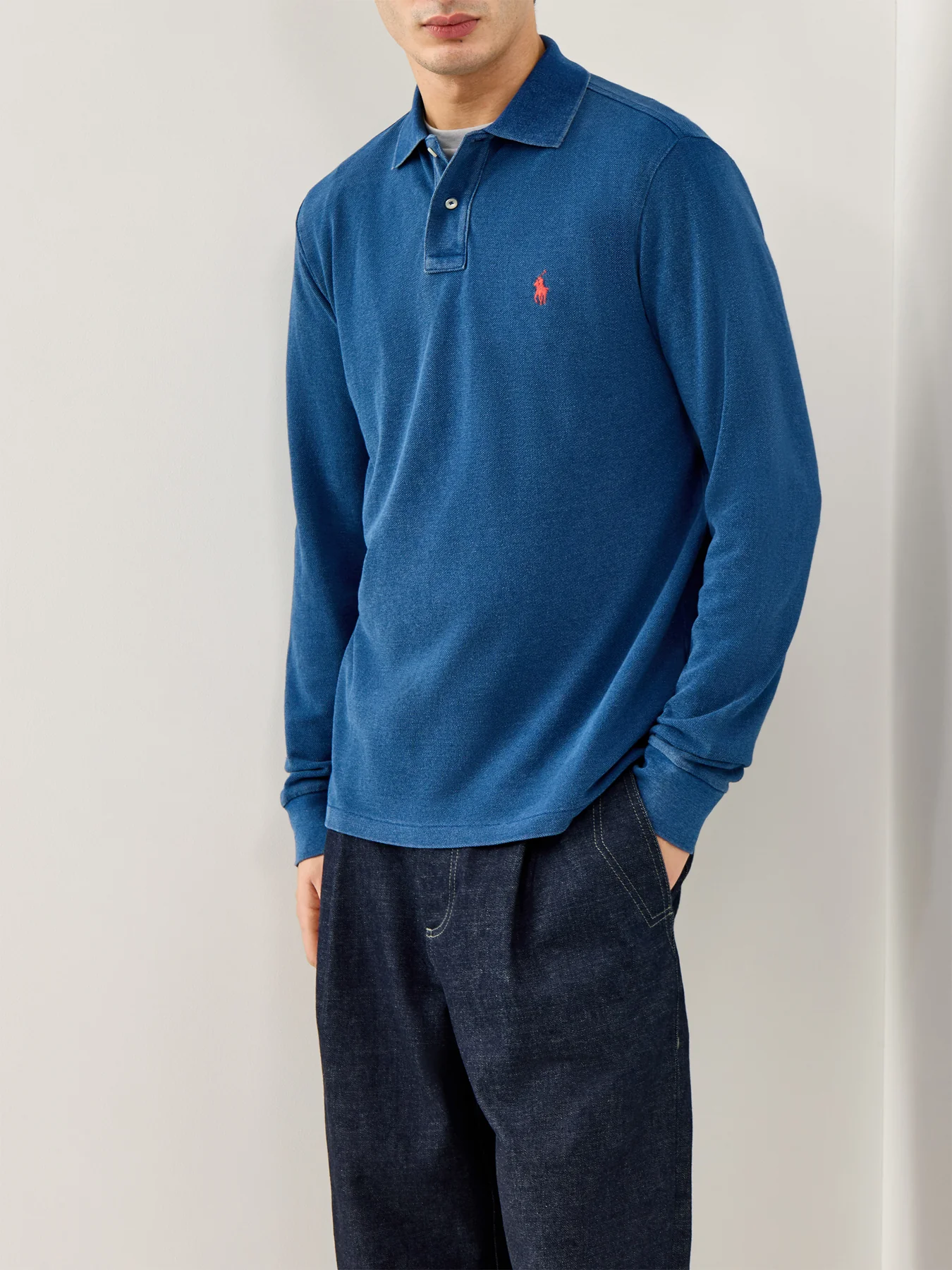 Custom Fit Long Sleeve Polo Shirt Blue - Image 4