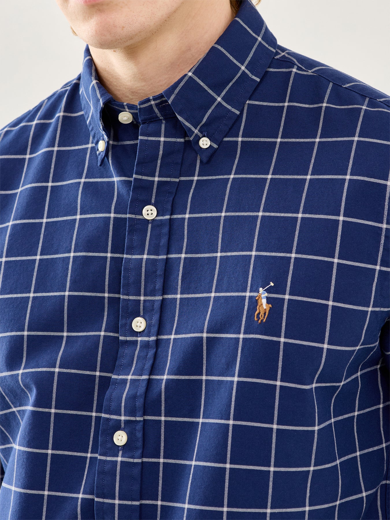 Custom Fit Oxford Windowpane Check Shirt Navy White - Image 3