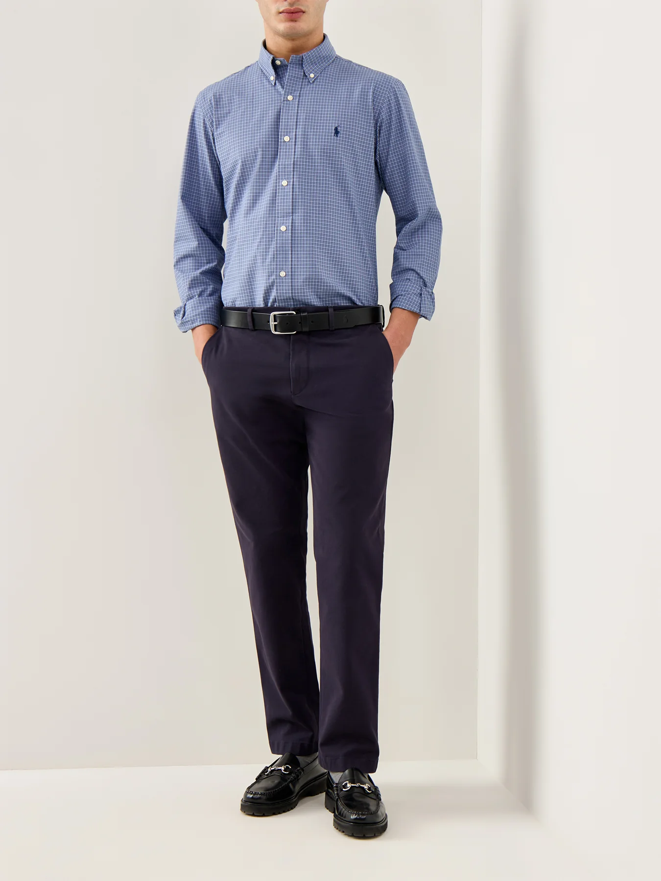 Custom Fit Stretch Poplin Check Shirt Blue - Image 2