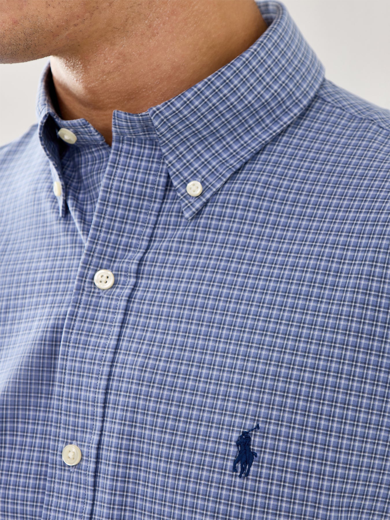 Custom Fit Stretch Poplin Check Shirt Blue - Image 4