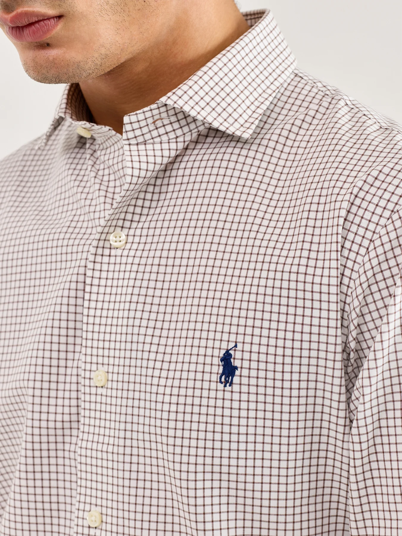 Custom Fit Stretch Poplin Tattersall Shirt White Chocolate Brown - Image 3
