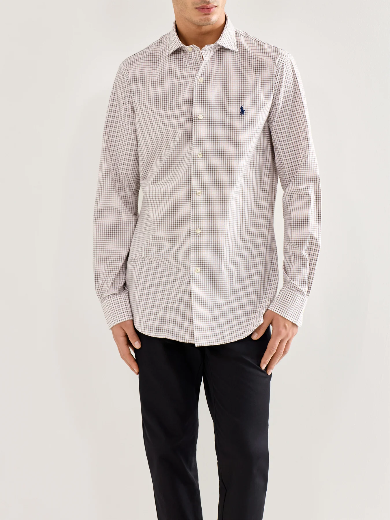 Custom Fit Stretch Poplin Tattersall Shirt White Chocolate Brown - Image 4